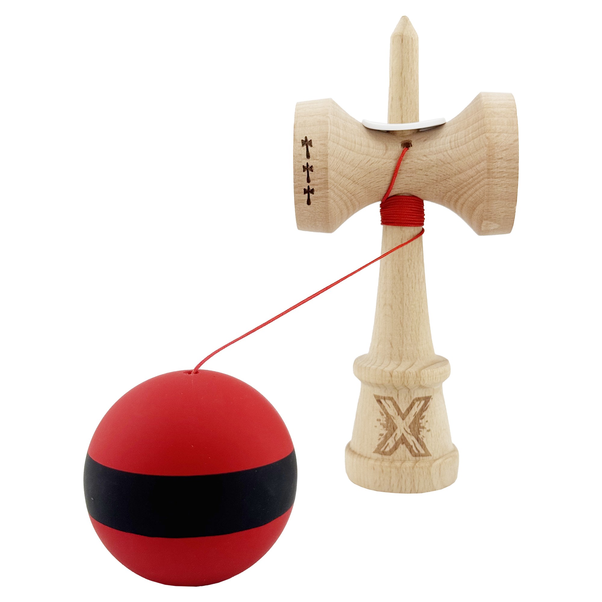Kendama X Originala, Profesionala, Flippy, Cupe Mari KING SIZE V3, Rubber Grip, Gaura in Baza, Rulment Metalic, din lemn 18 cm, Ata 55 cm, M Bicolor Rosu Dublu/Negru