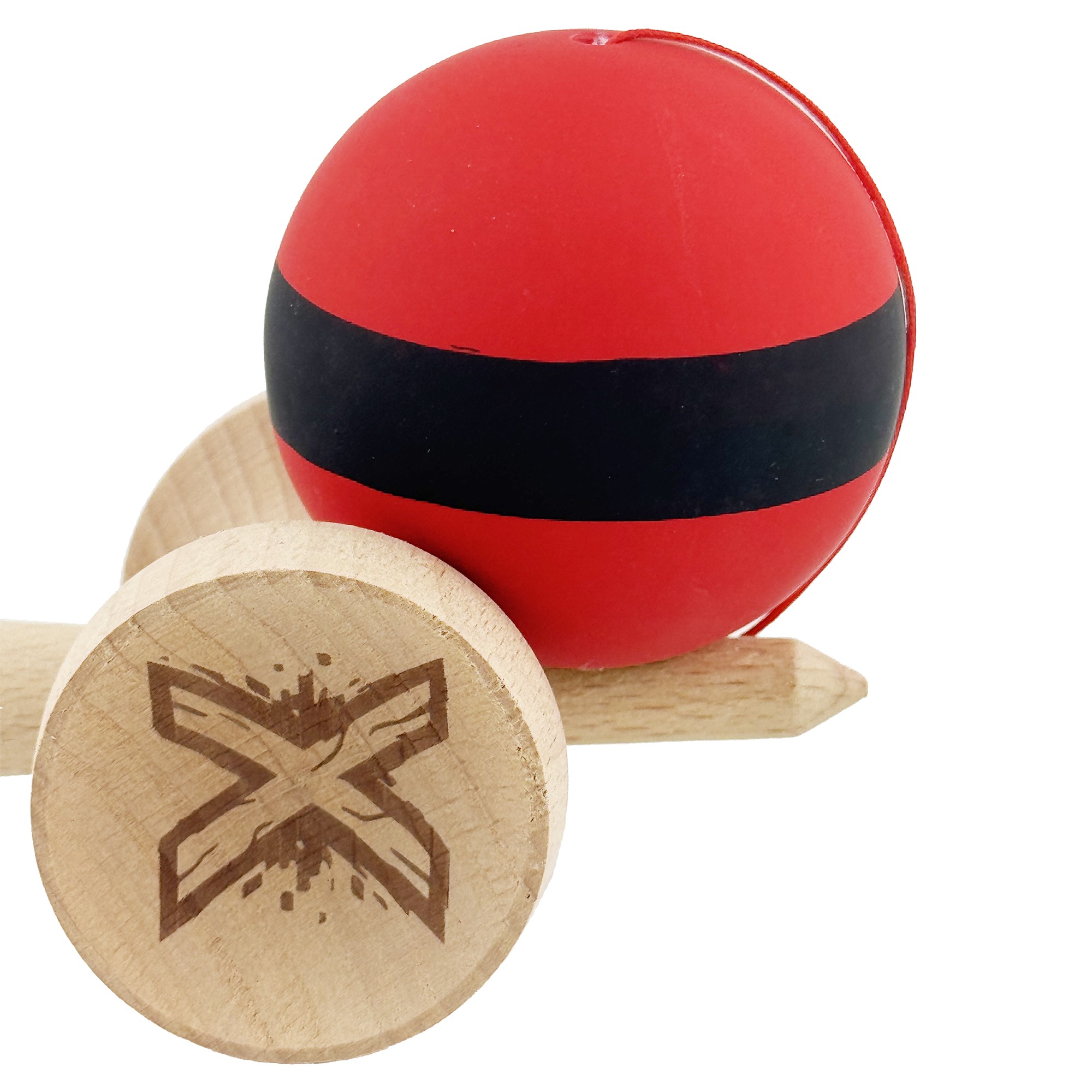 Kendama X Originala, Profesionala, Flippy, Cupe Mari KING SIZE V3, Rubber Grip, Gaura in Baza, Rulment Metalic, din lemn 18 cm, Ata 55 cm, M Bicolor Rosu Dublu/Negru
