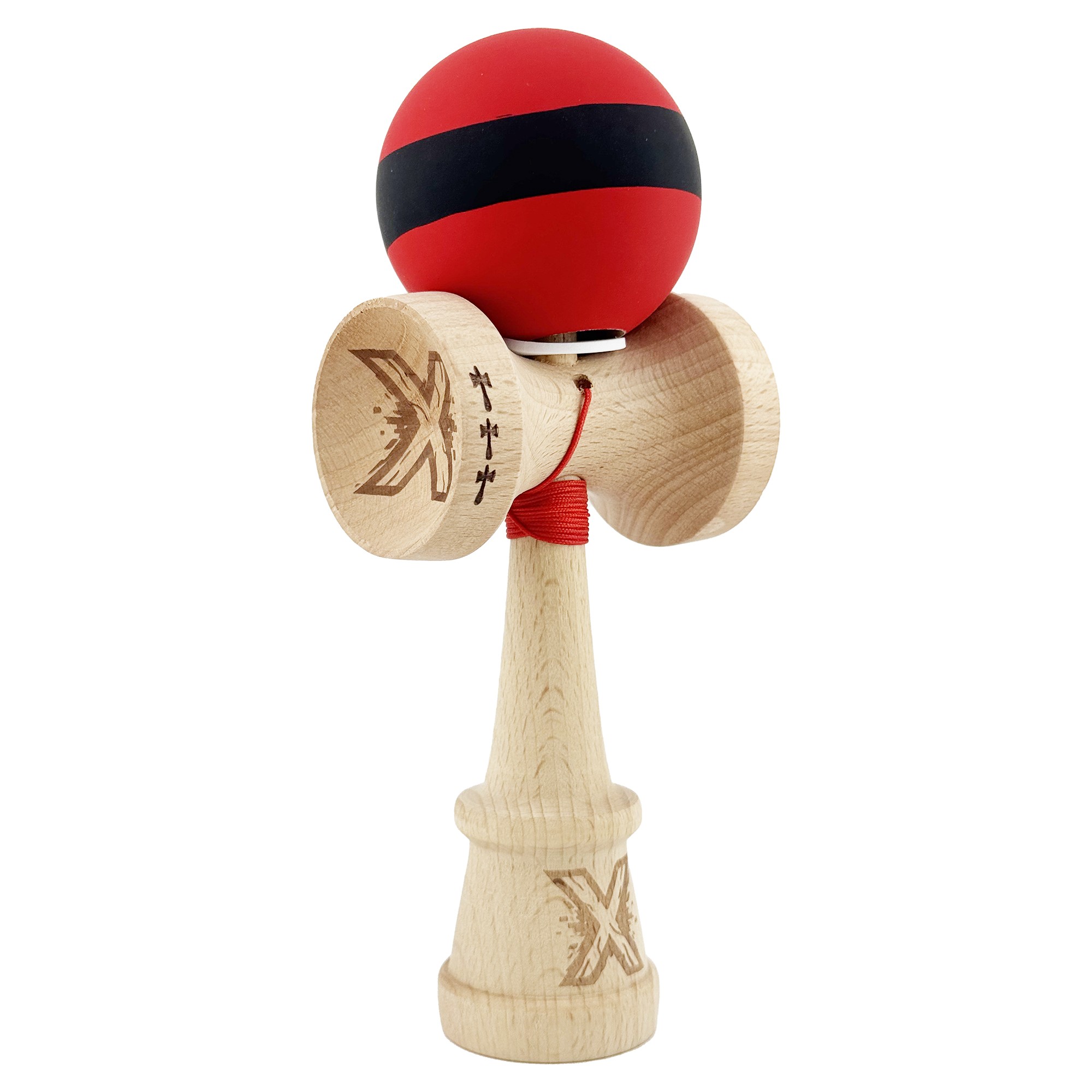 Kendama X Originala, Profesionala, Flippy, Cupe Mari KING SIZE V3, Rubber Grip, Gaura in Baza, Rulment Metalic, din lemn 18 cm, Ata 55 cm, M Bicolor Rosu Dublu/Negru