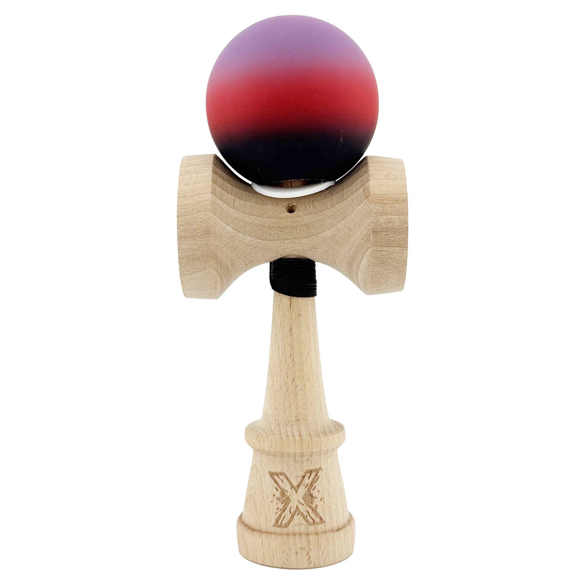 Kendama X Originala, Profesionala, Flippy, Cupe Mari KING SIZE V3, Rubber Grip, Gaura in Baza, Rulment Metalic, din lemn 18 cm, Ata 55 cm, Gradient Mov/Rosu/Negru