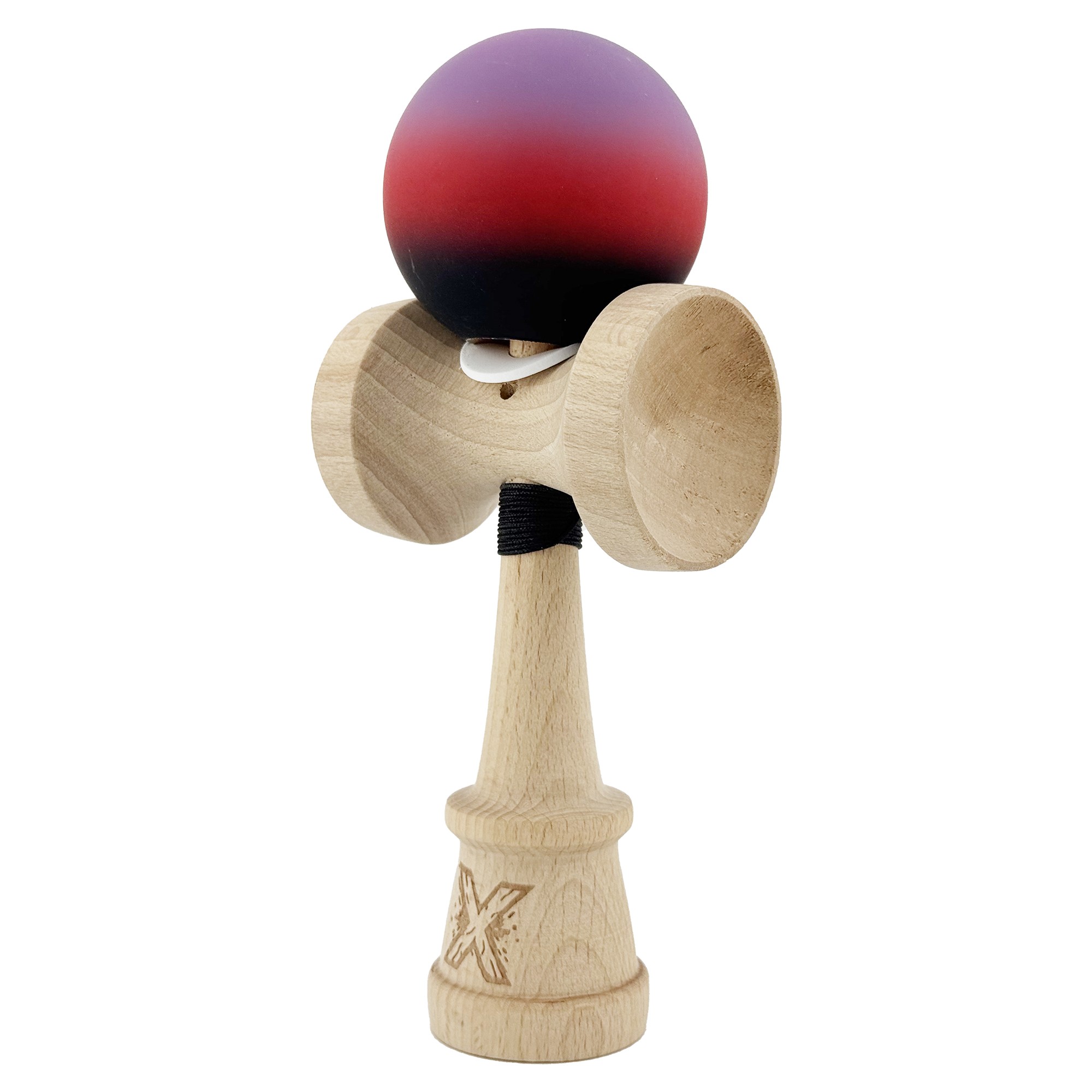 Kendama X Originala, Profesionala, Flippy, Cupe Mari KING SIZE V3, Rubber Grip, Gaura in Baza, Rulment Metalic, din lemn 18 cm, Ata 55 cm, Gradient Mov/Rosu/Negru