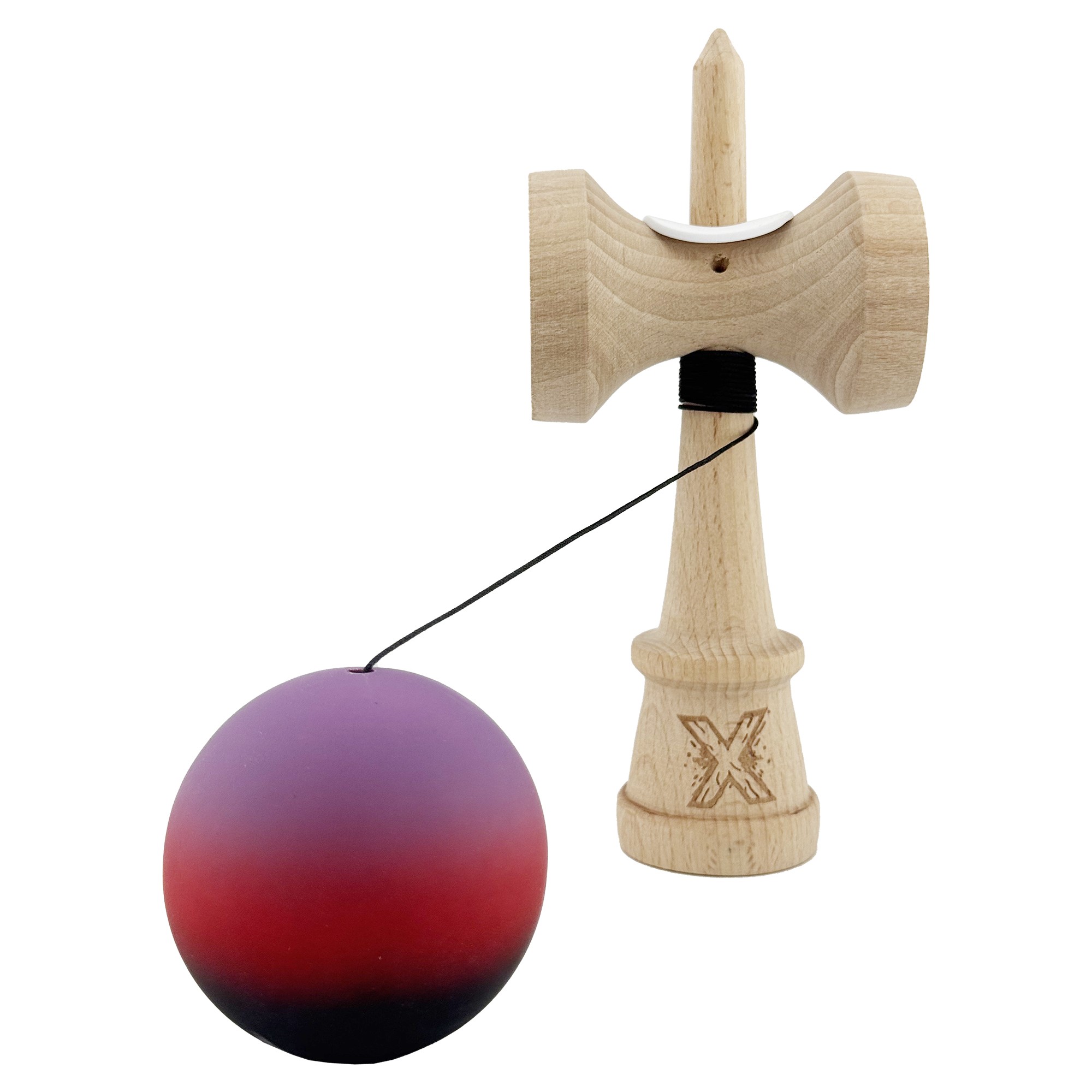 Kendama X Originala, Profesionala, Flippy, Cupe Mari KING SIZE V3, Rubber Grip, Gaura in Baza, Rulment Metalic, din lemn 18 cm, Ata 55 cm, Gradient Mov/Rosu/Negru