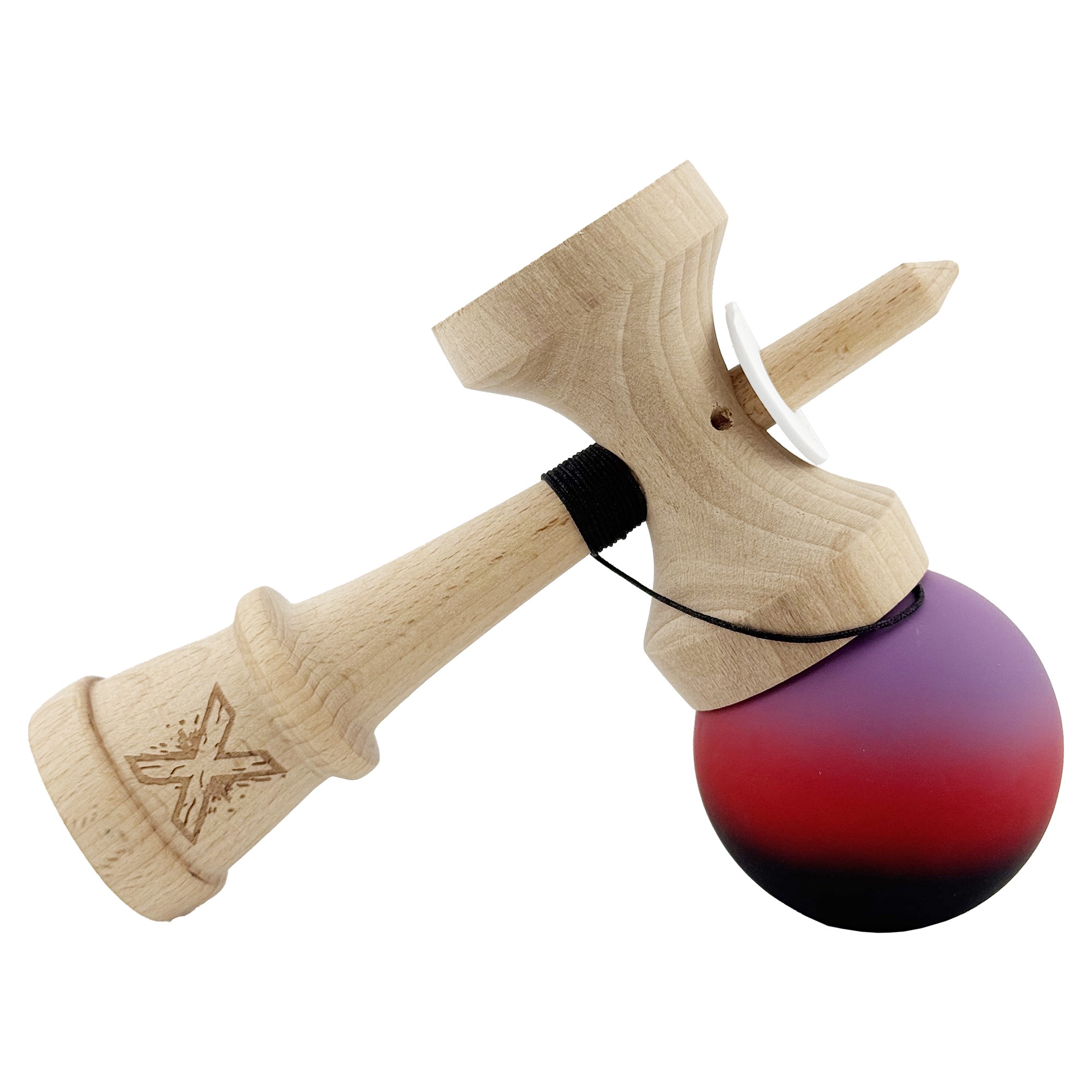 Kendama X Originala, Profesionala, Flippy, Cupe Mari KING SIZE V3, Rubber Grip, Gaura in Baza, Rulment Metalic, din lemn 18 cm, Ata 55 cm, Gradient Mov/Rosu/Negru