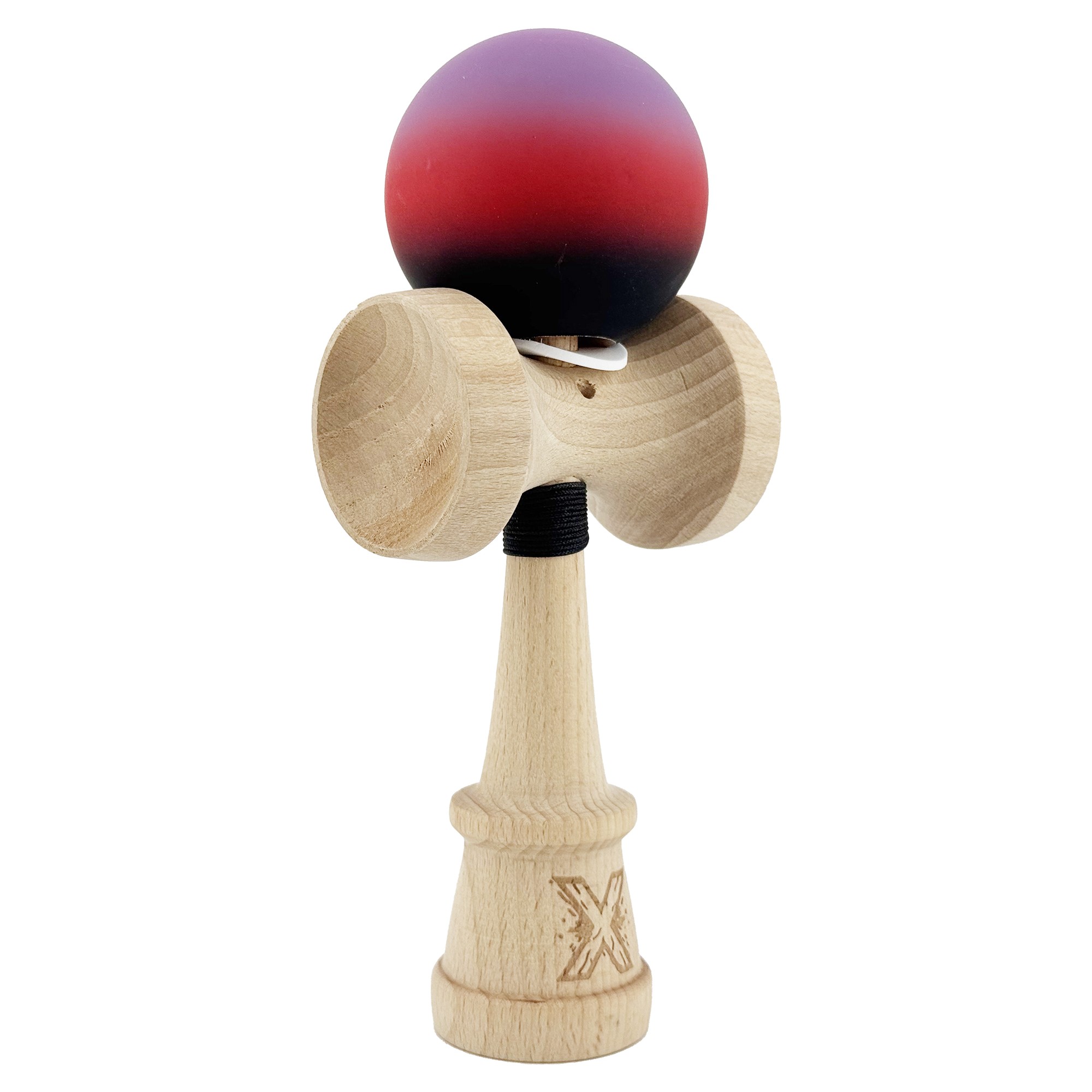 Kendama X Originala, Profesionala, Flippy, Cupe Mari KING SIZE V3, Rubber Grip, Gaura in Baza, Rulment Metalic, din lemn 18 cm, Ata 55 cm, Gradient Mov/Rosu/Negru