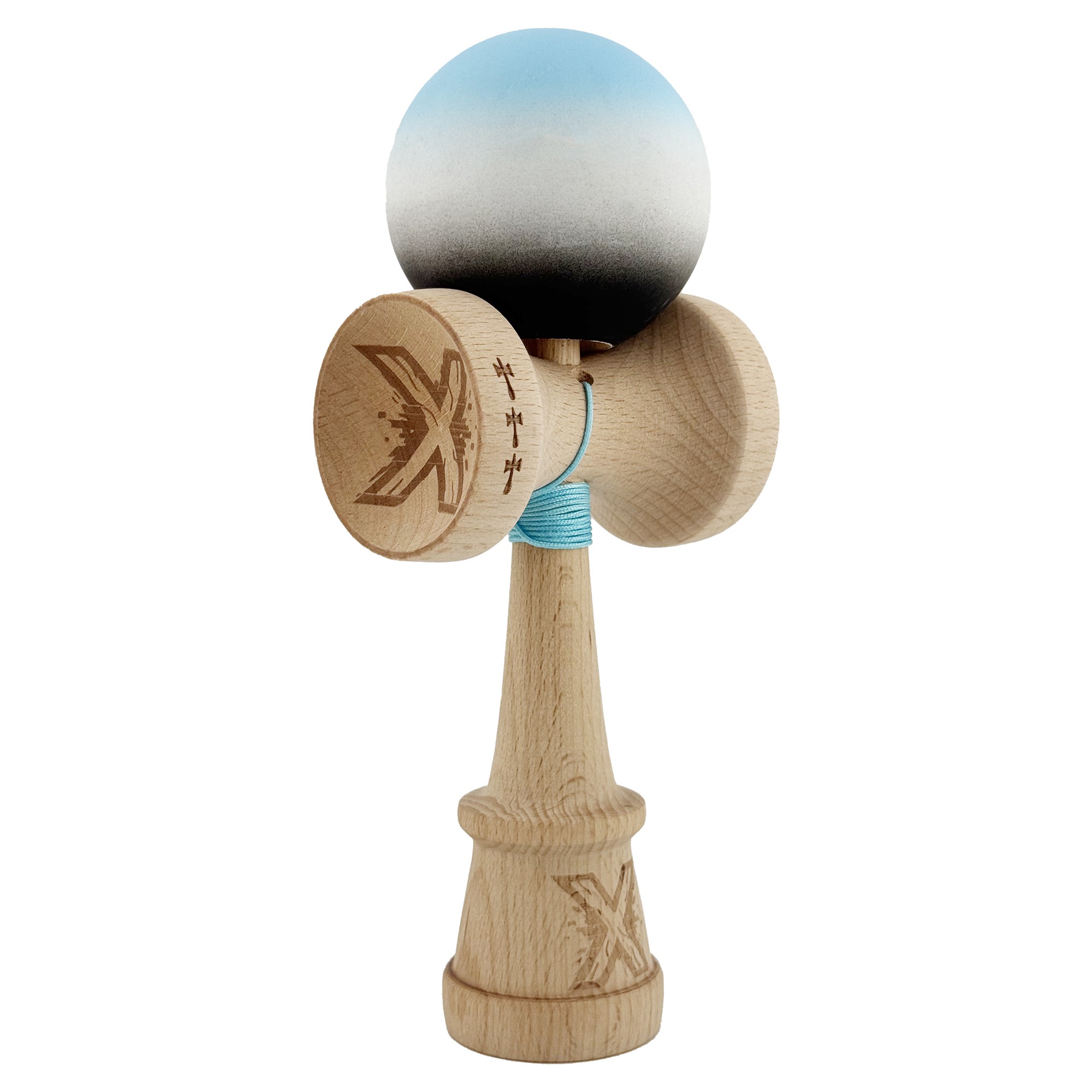 Kendama Rubber Grip V3 Cupe Mari - Kendama X Originala, Profesionala, Flippy, Cupe Mari KING SIZE V3, Rubber Grip, Gaura in Baza, Rulment Metalic, din lemn 18 cm, Ata 62/65 cm, Gradient Albastru deschis/Alb/Negru