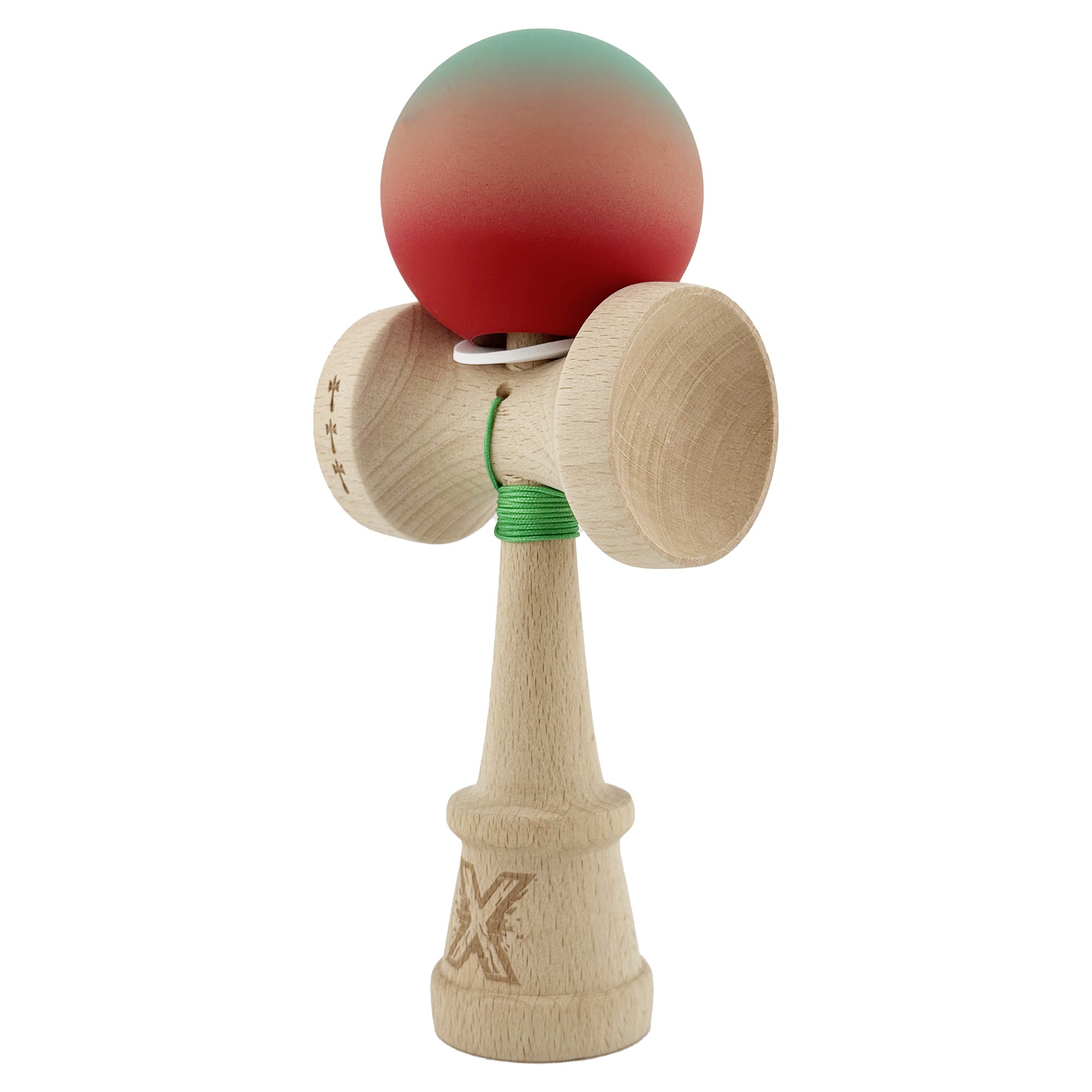 Kendama X Originala, Profesionala, Flippy, Cupe Mari KING SIZE V3, Rubber Grip, Gaura in Baza, Rulment Metalic, din lemn 18 cm, Ata 55 cm, Gradient Verde/Roz/Rosu