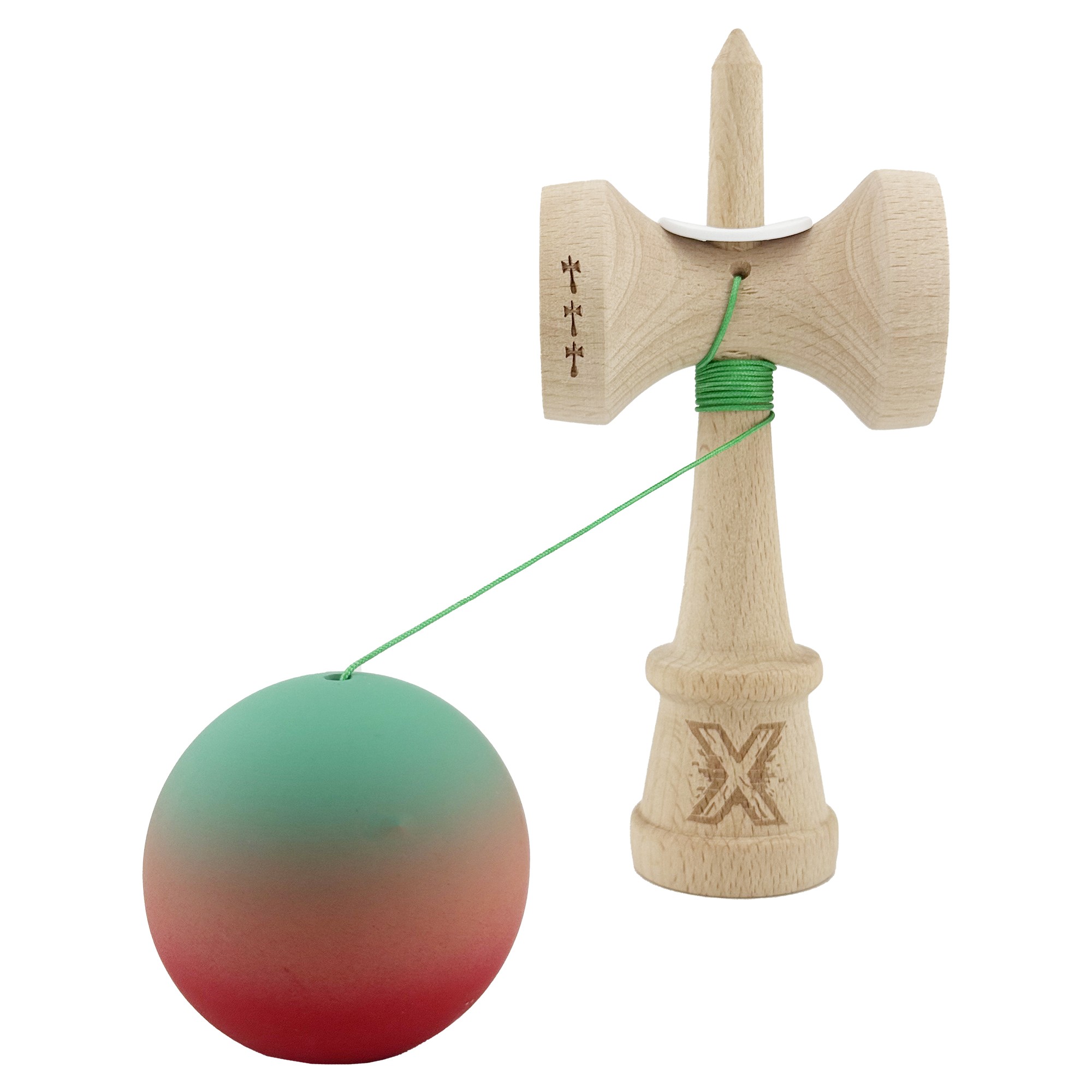 Kendama X Originala, Profesionala, Flippy, Cupe Mari KING SIZE V3, Rubber Grip, Gaura in Baza, Rulment Metalic, din lemn 18 cm, Ata 55 cm, Gradient Verde/Roz/Rosu