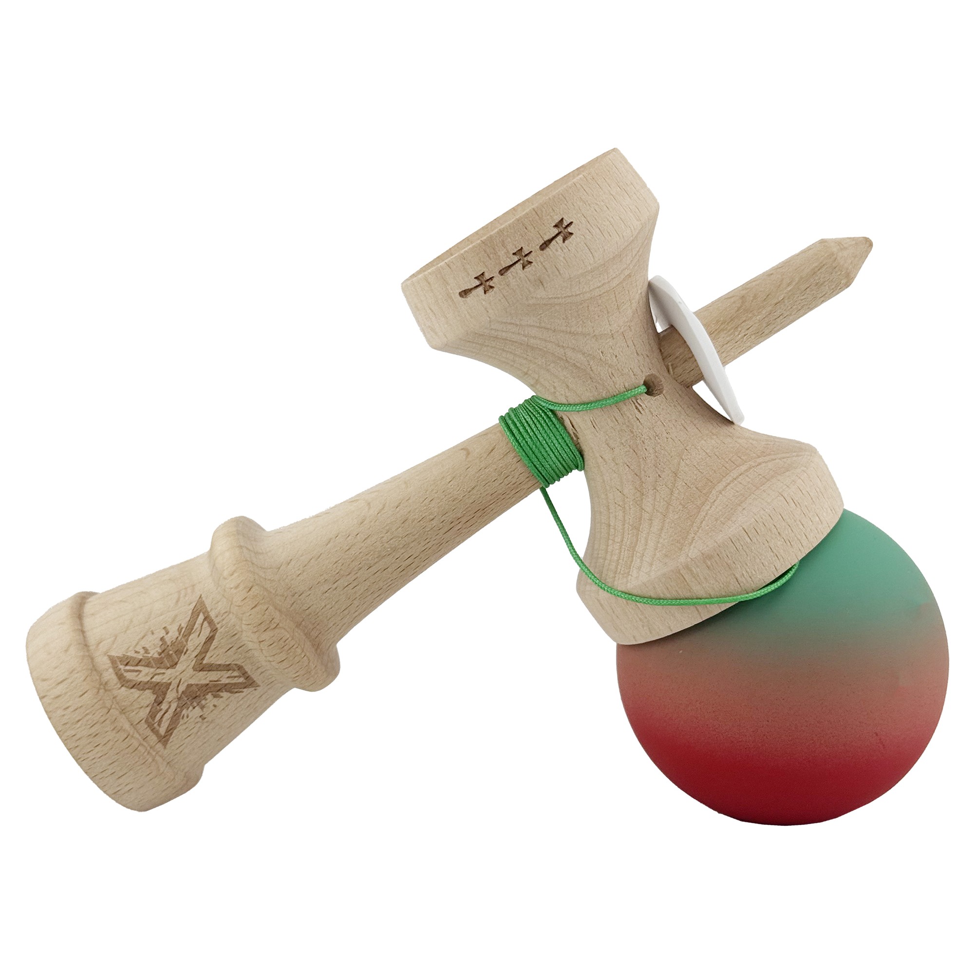 Kendama X Originala, Profesionala, Flippy, Cupe Mari KING SIZE V3, Rubber Grip, Gaura in Baza, Rulment Metalic, din lemn 18 cm, Ata 55 cm, Gradient Verde/Roz/Rosu