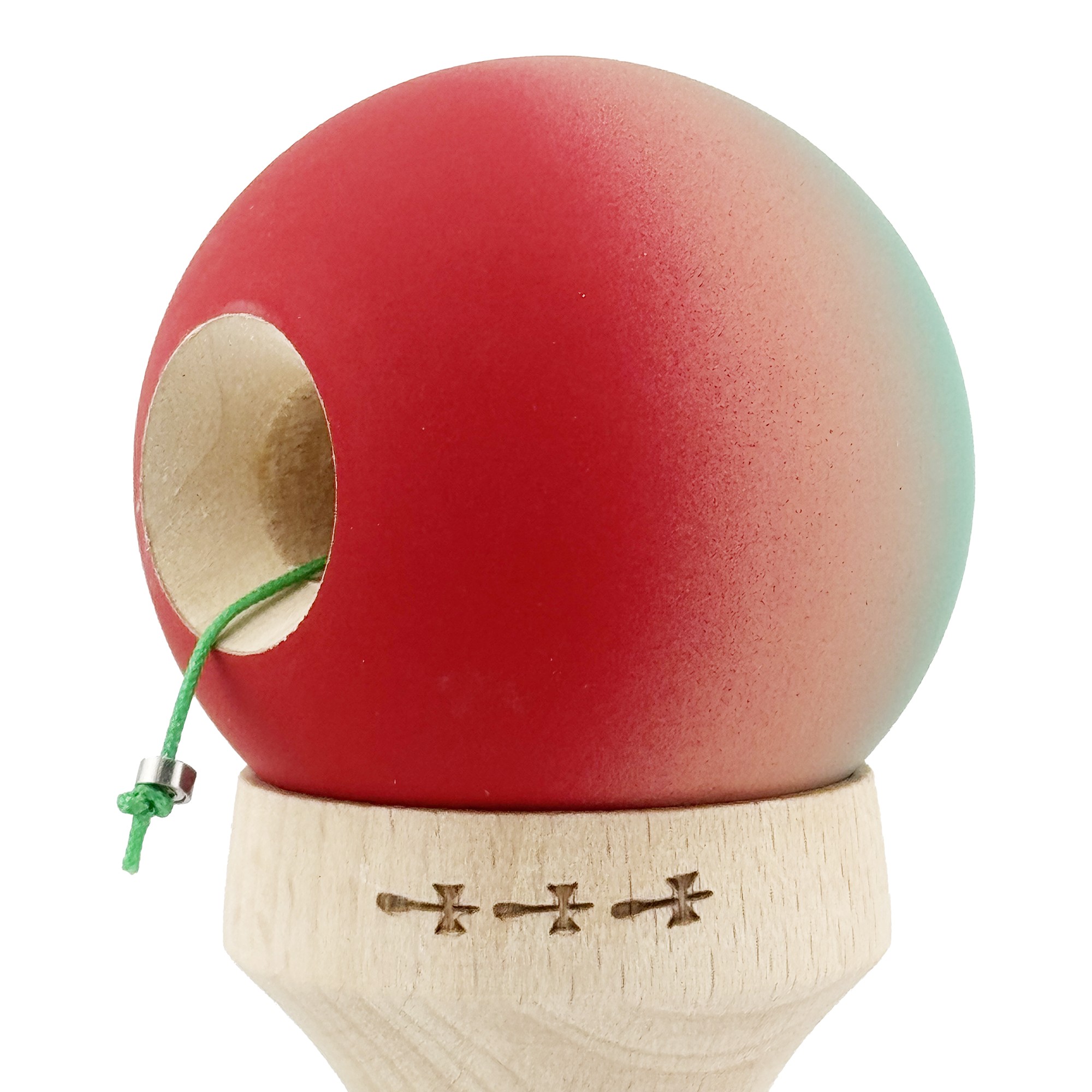Kendama X Originala, Profesionala, Flippy, Cupe Mari KING SIZE V3, Rubber Grip, Gaura in Baza, Rulment Metalic, din lemn 18 cm, Ata 55 cm, Gradient Verde/Roz/Rosu