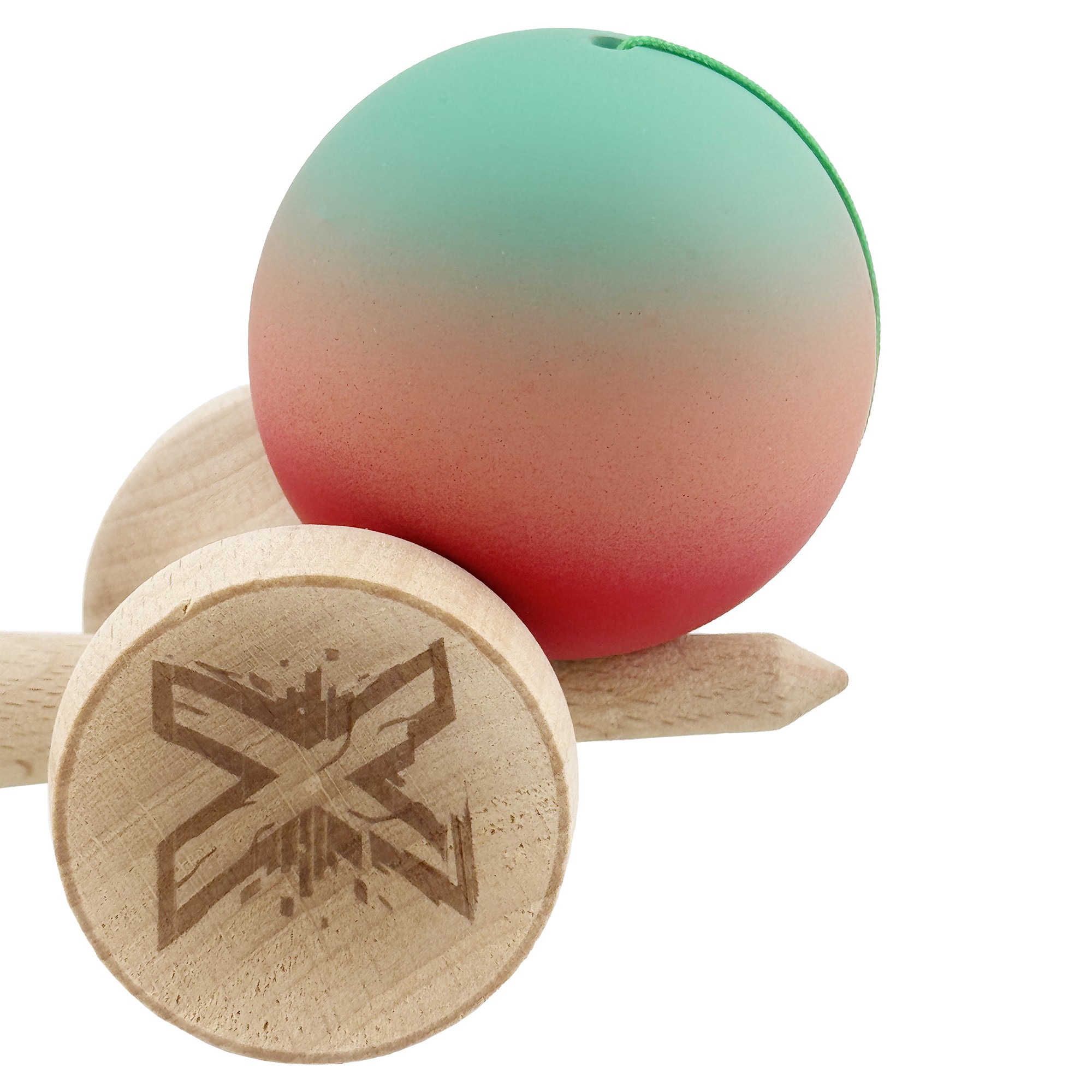 Kendama X Originala, Profesionala, Flippy, Cupe Mari KING SIZE V3, Rubber Grip, Gaura in Baza, Rulment Metalic, din lemn 18 cm, Ata 55 cm, Gradient Verde/Roz/Rosu