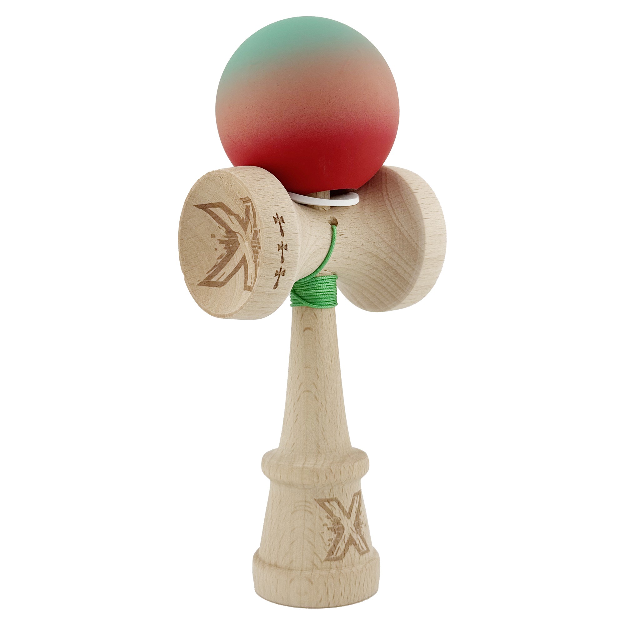 Kendama X Originala, Profesionala, Flippy, Cupe Mari KING SIZE V3, Rubber Grip, Gaura in Baza, Rulment Metalic, din lemn 18 cm, Ata 55 cm, Gradient Verde/Roz/Rosu