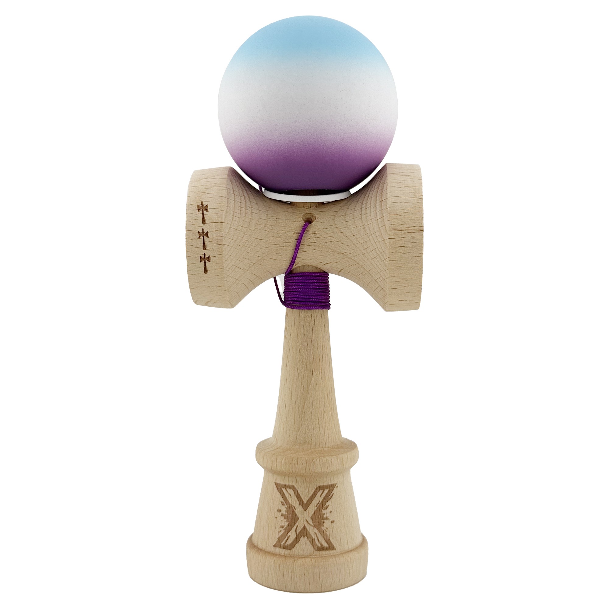 Kendama X Originala, Profesionala, Flippy, Cupe Mari KING SIZE V3, Rubber Grip, Gaura in Baza, Rulment Metalic, din lemn 18 cm, Ata 62/65 cm, Gradient Albastru deschis/Alb/Mov