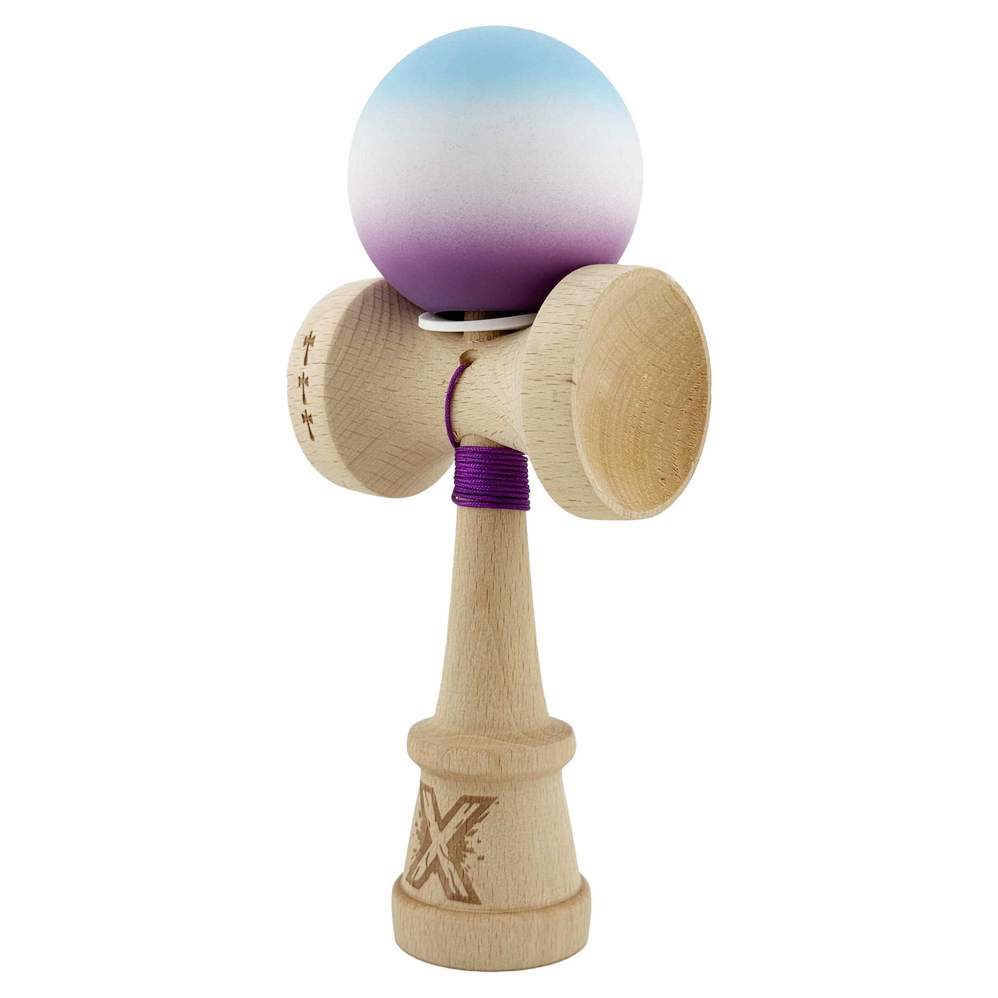 Kendama X Originala, Profesionala, Flippy, Cupe Mari KING SIZE V3, Rubber Grip, Gaura in Baza, Rulment Metalic, din lemn 18 cm, Ata 62/65 cm, Gradient Albastru deschis/Alb/Mov