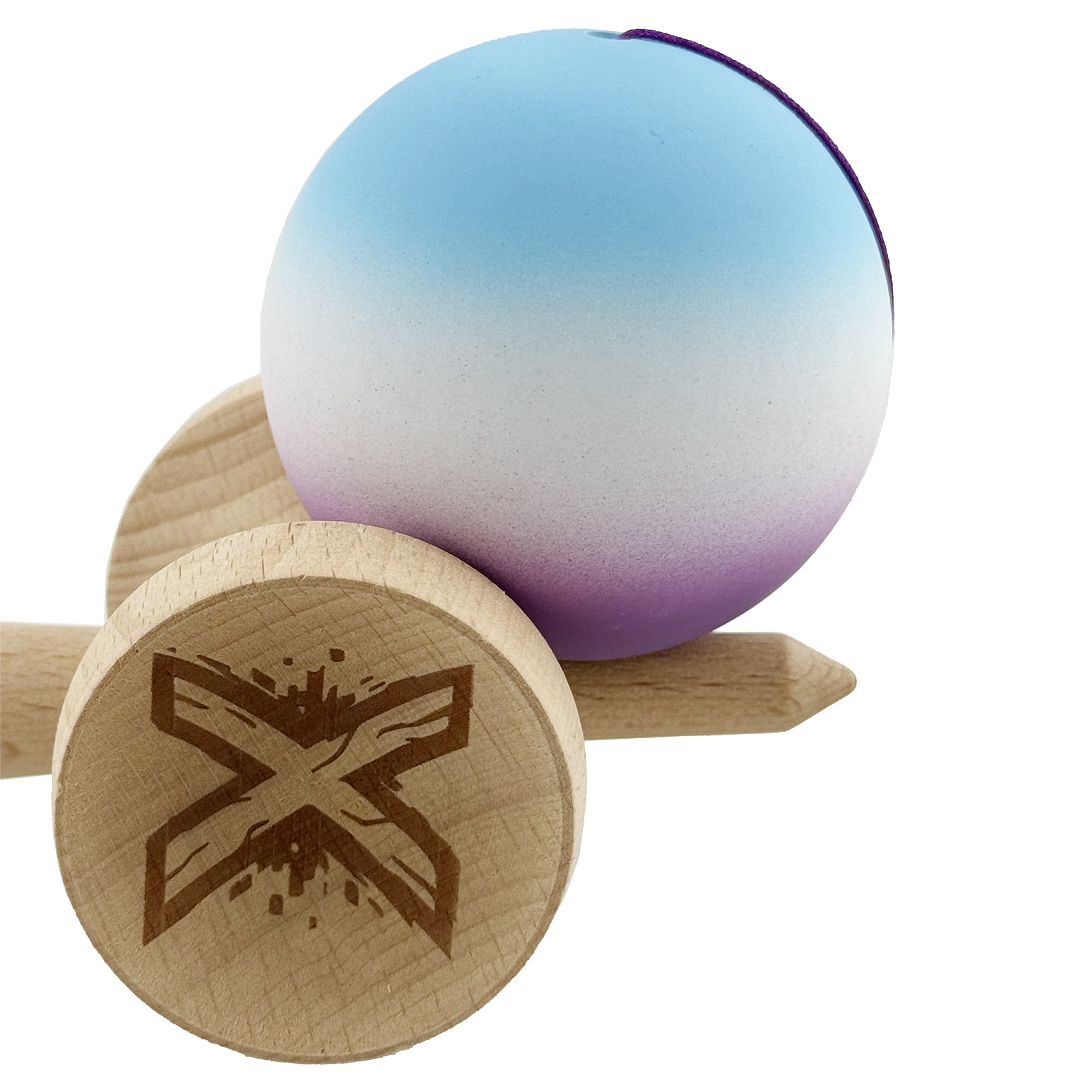 Kendama X Originala, Profesionala, Flippy, Cupe Mari KING SIZE V3, Rubber Grip, Gaura in Baza, Rulment Metalic, din lemn 18 cm, Ata 62/65 cm, Gradient Albastru deschis/Alb/Mov