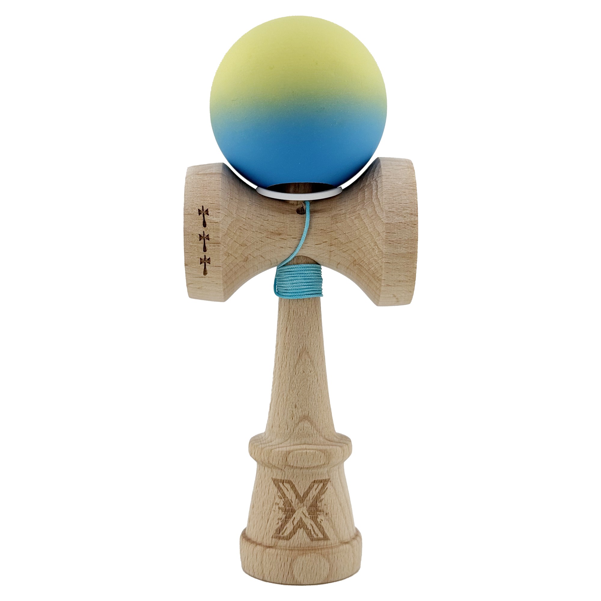 Kendama X Originala, Profesionala, Flippy, Cupe Mari KING SIZE V3, Rubber Grip, Gaura in Baza, Rulment Metalic, din lemn 18 cm, Ata 62/65 cm, Gradient Galben/Albastru deschis