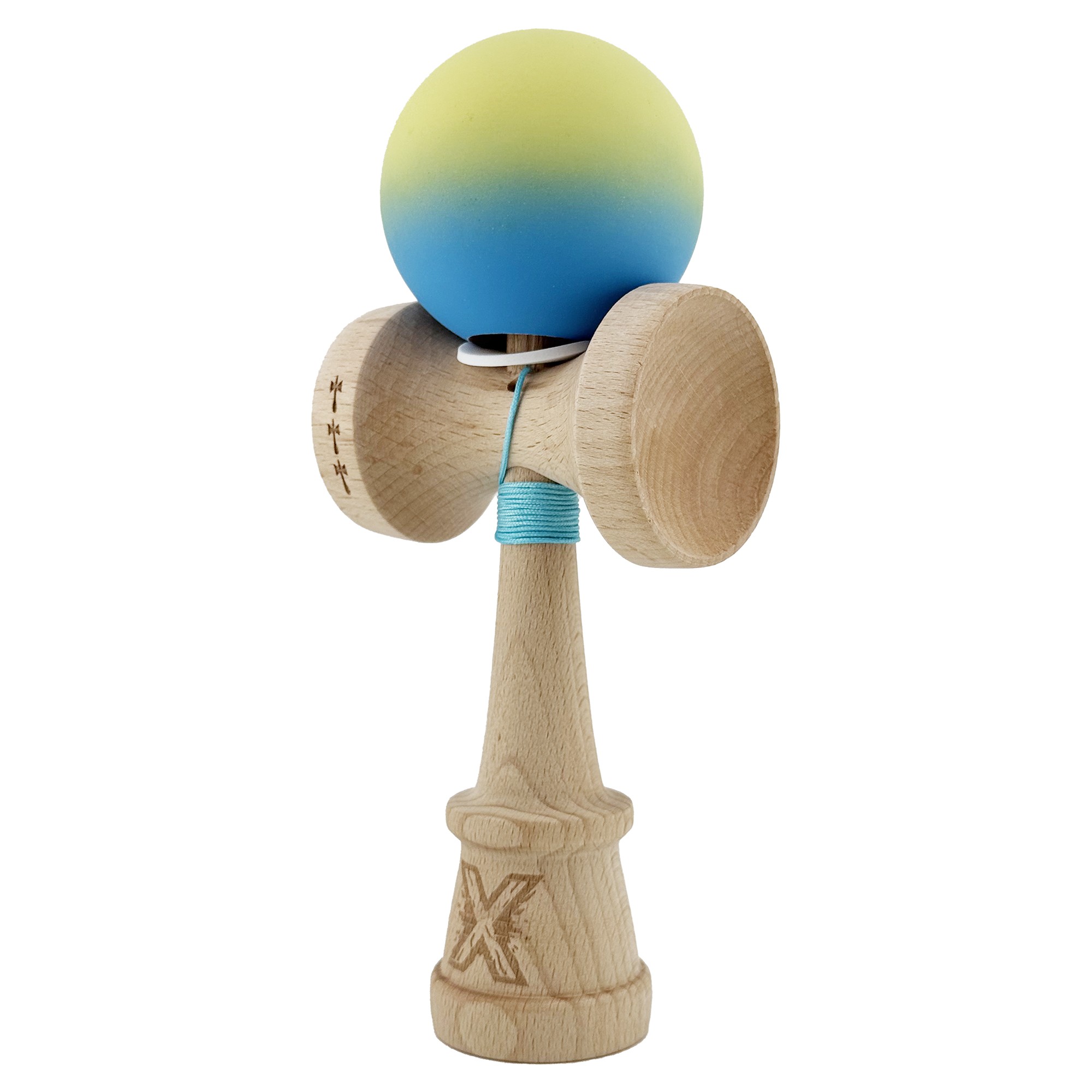 Kendama X Originala, Profesionala, Flippy, Cupe Mari KING SIZE V3, Rubber Grip, Gaura in Baza, Rulment Metalic, din lemn 18 cm, Ata 62/65 cm, Gradient Galben/Albastru deschis