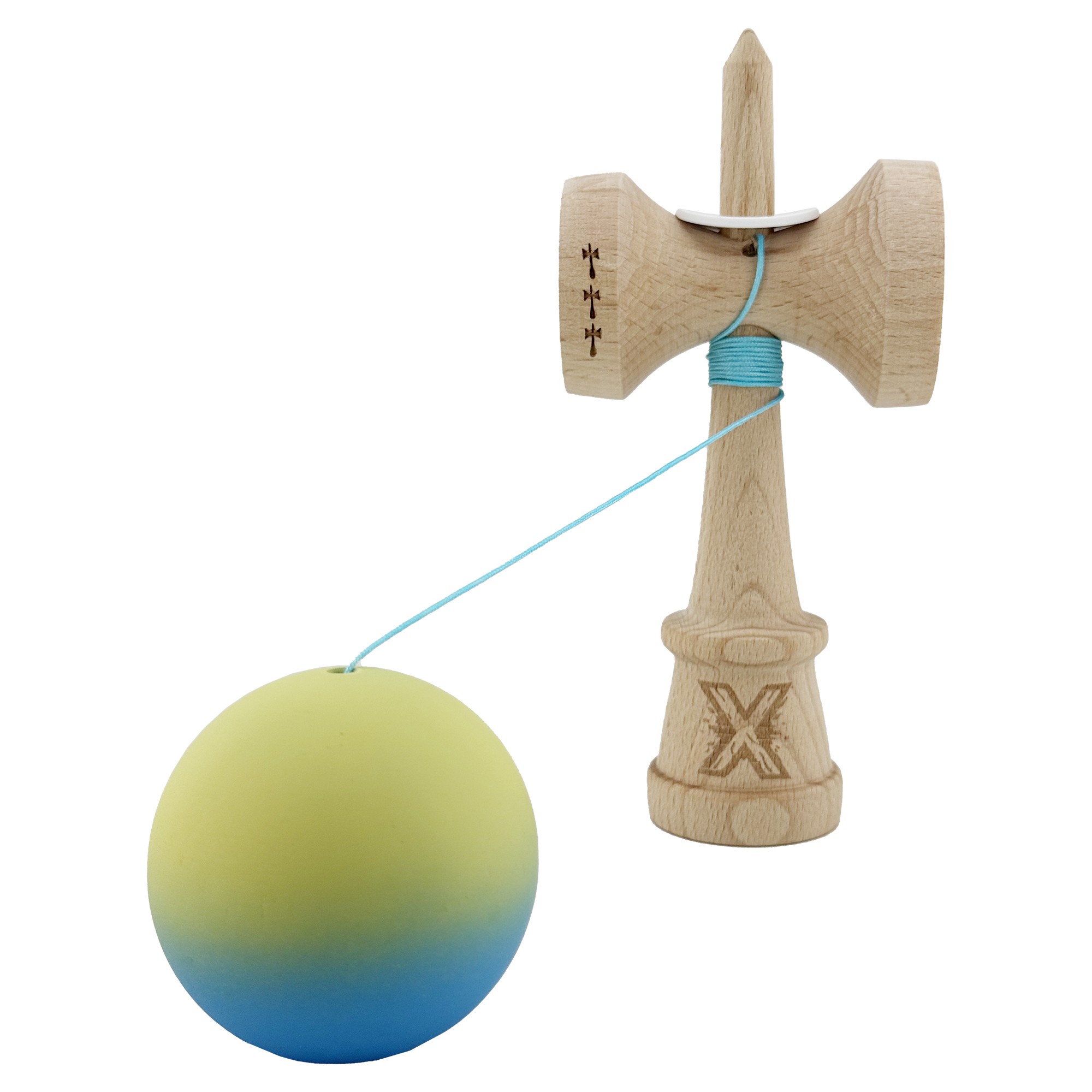 Kendama X Originala, Profesionala, Flippy, Cupe Mari KING SIZE V3, Rubber Grip, Gaura in Baza, Rulment Metalic, din lemn 18 cm, Ata 62/65 cm, Gradient Galben/Albastru deschis