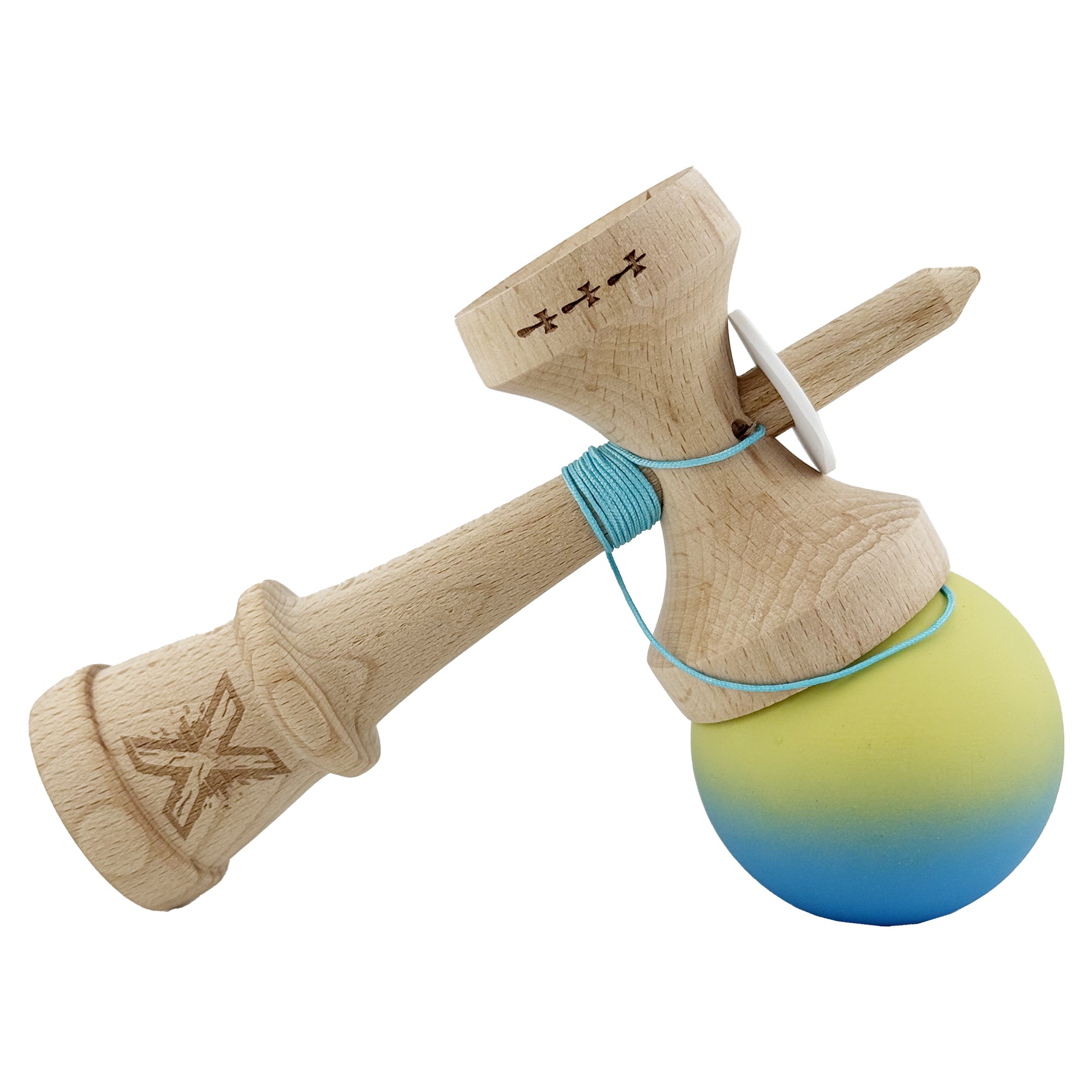 Kendama X Originala, Profesionala, Flippy, Cupe Mari KING SIZE V3, Rubber Grip, Gaura in Baza, Rulment Metalic, din lemn 18 cm, Ata 62/65 cm, Gradient Galben/Albastru deschis