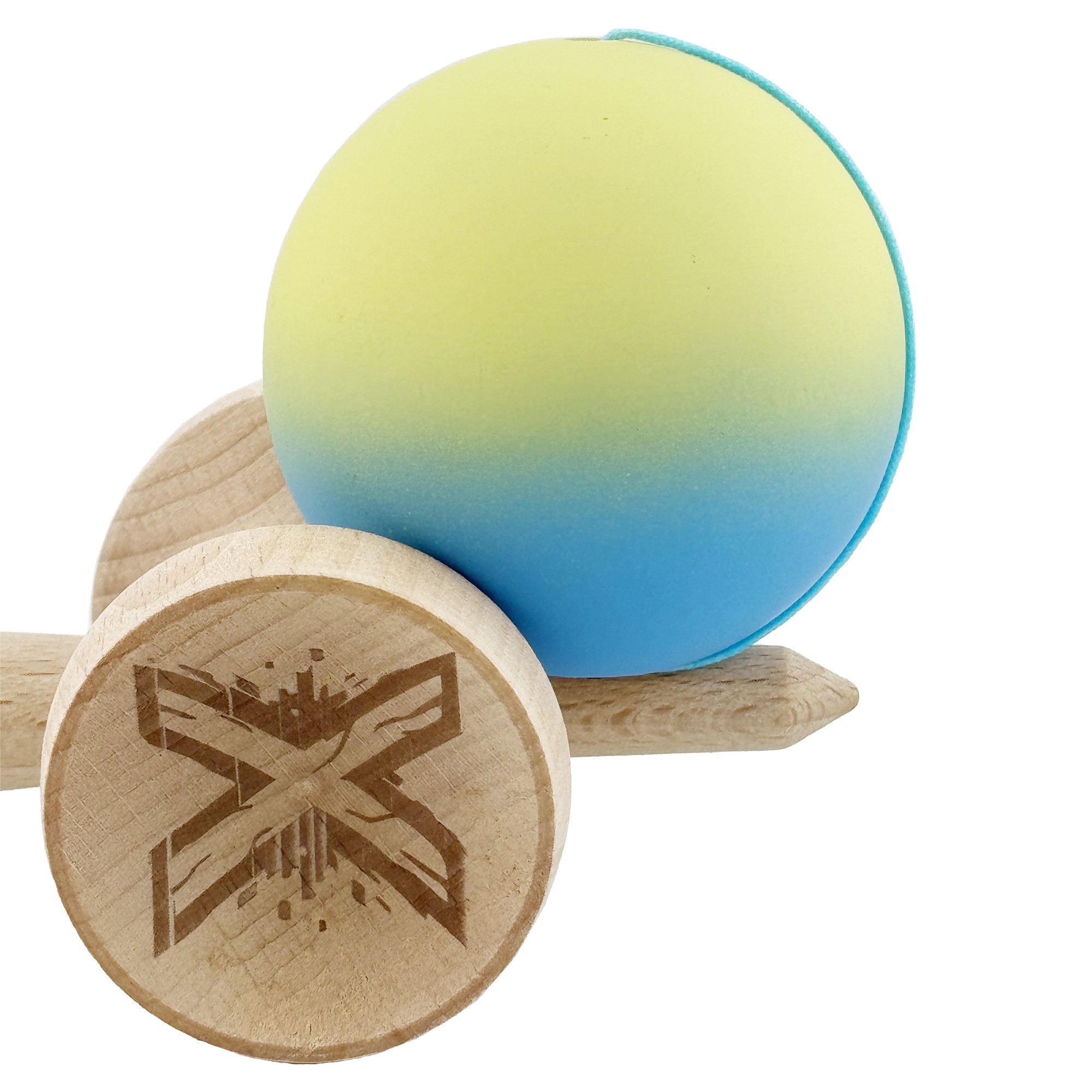 Kendama X Originala, Profesionala, Flippy, Cupe Mari KING SIZE V3, Rubber Grip, Gaura in Baza, Rulment Metalic, din lemn 18 cm, Ata 62/65 cm, Gradient Galben/Albastru deschis