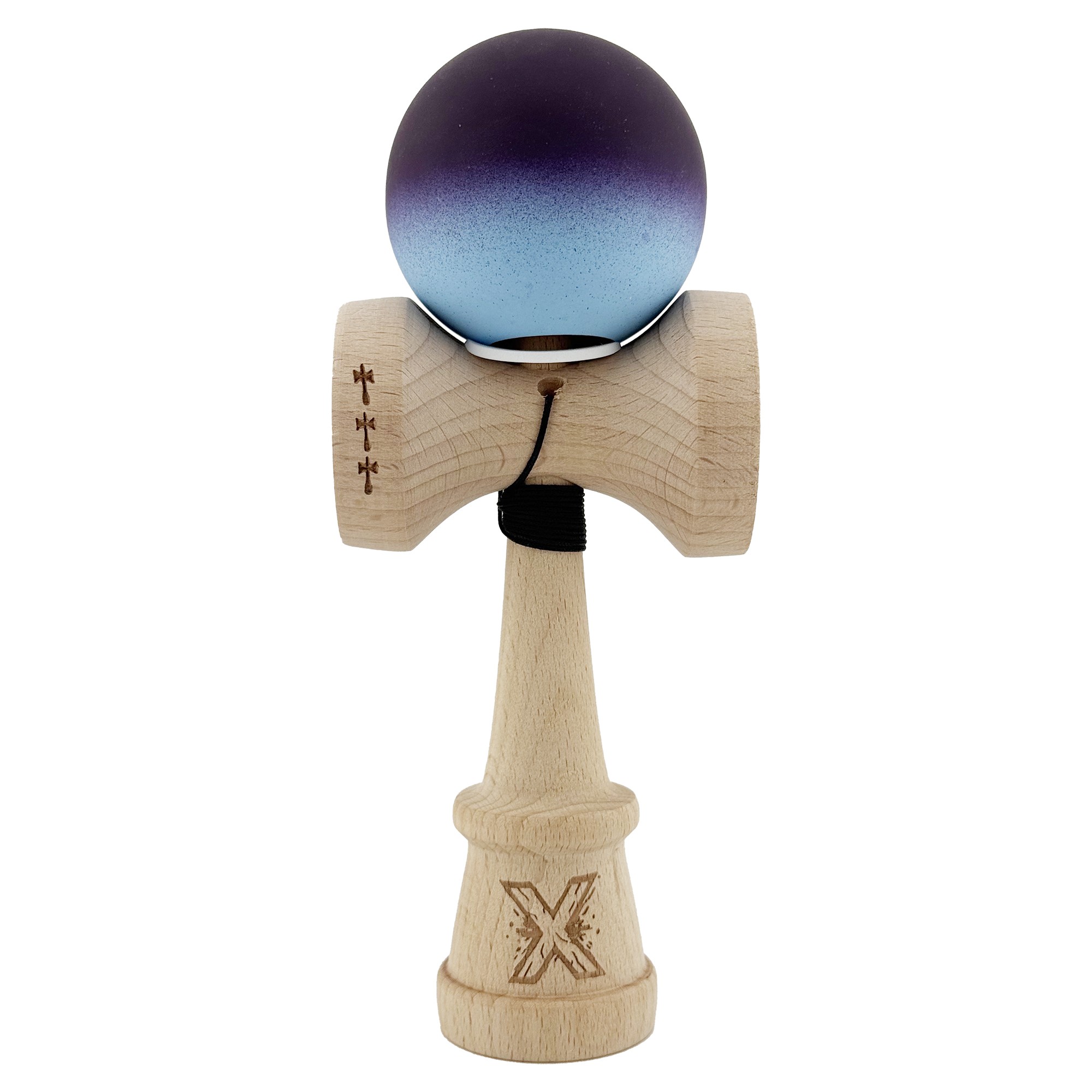 Kendama X Originala, Profesionala, Flippy, Cupe Mari KING SIZE V3, Rubber Grip, Gaura in Baza, Rulment Metalic, din lemn 18 cm, Ata 55 cm, Gradient Negru/Albastru deschis