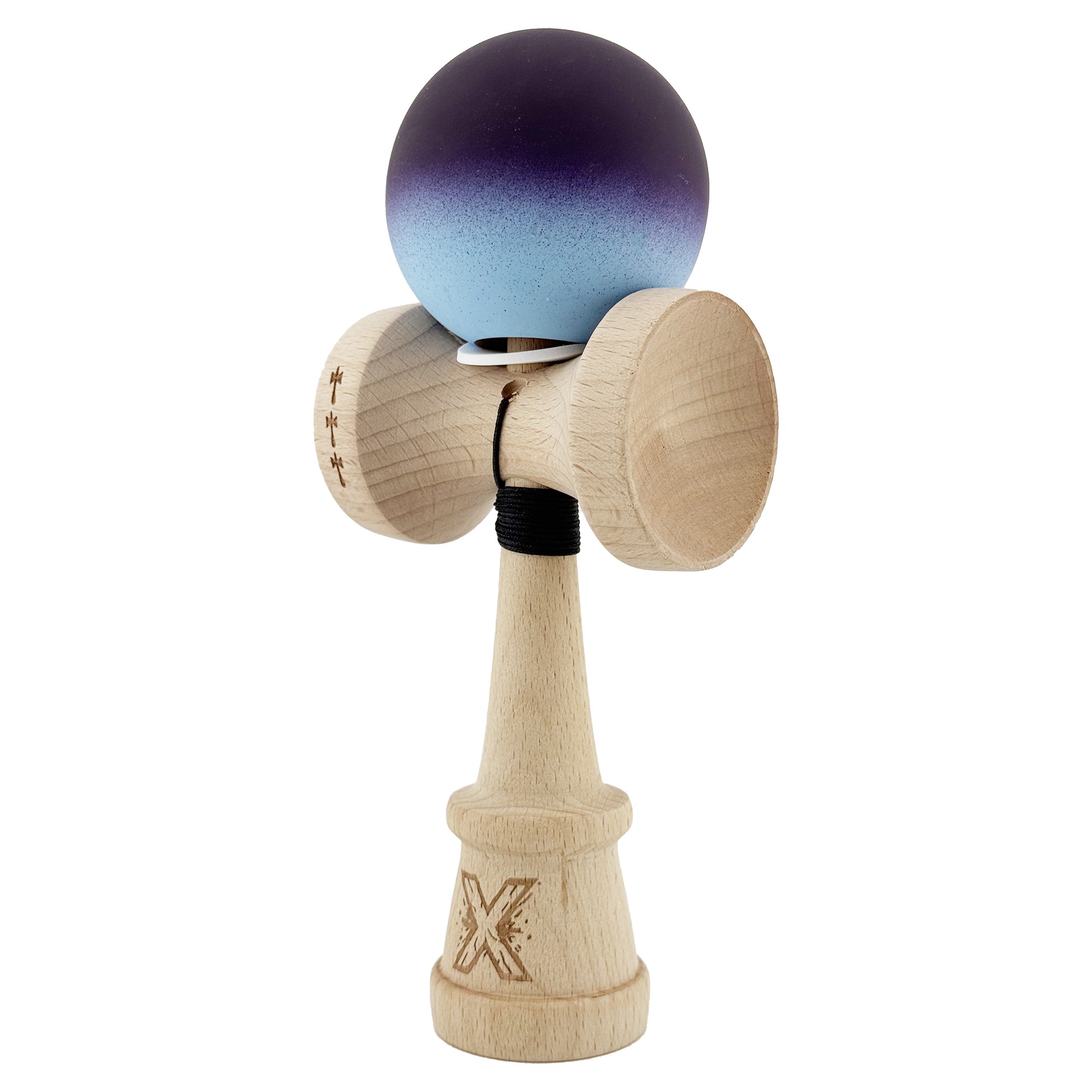 Kendama X Originala, Profesionala, Flippy, Cupe Mari KING SIZE V3, Rubber Grip, Gaura in Baza, Rulment Metalic, din lemn 18 cm, Ata 55 cm, Gradient Negru/Albastru deschis