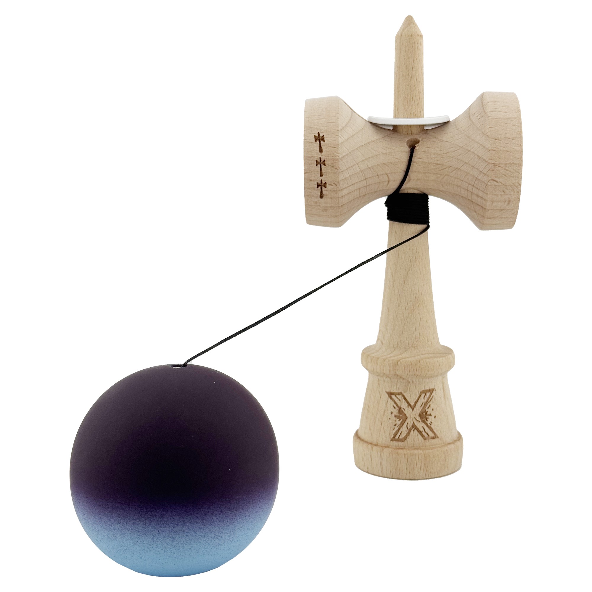 Kendama X Originala, Profesionala, Flippy, Cupe Mari KING SIZE V3, Rubber Grip, Gaura in Baza, Rulment Metalic, din lemn 18 cm, Ata 55 cm, Gradient Negru/Albastru deschis