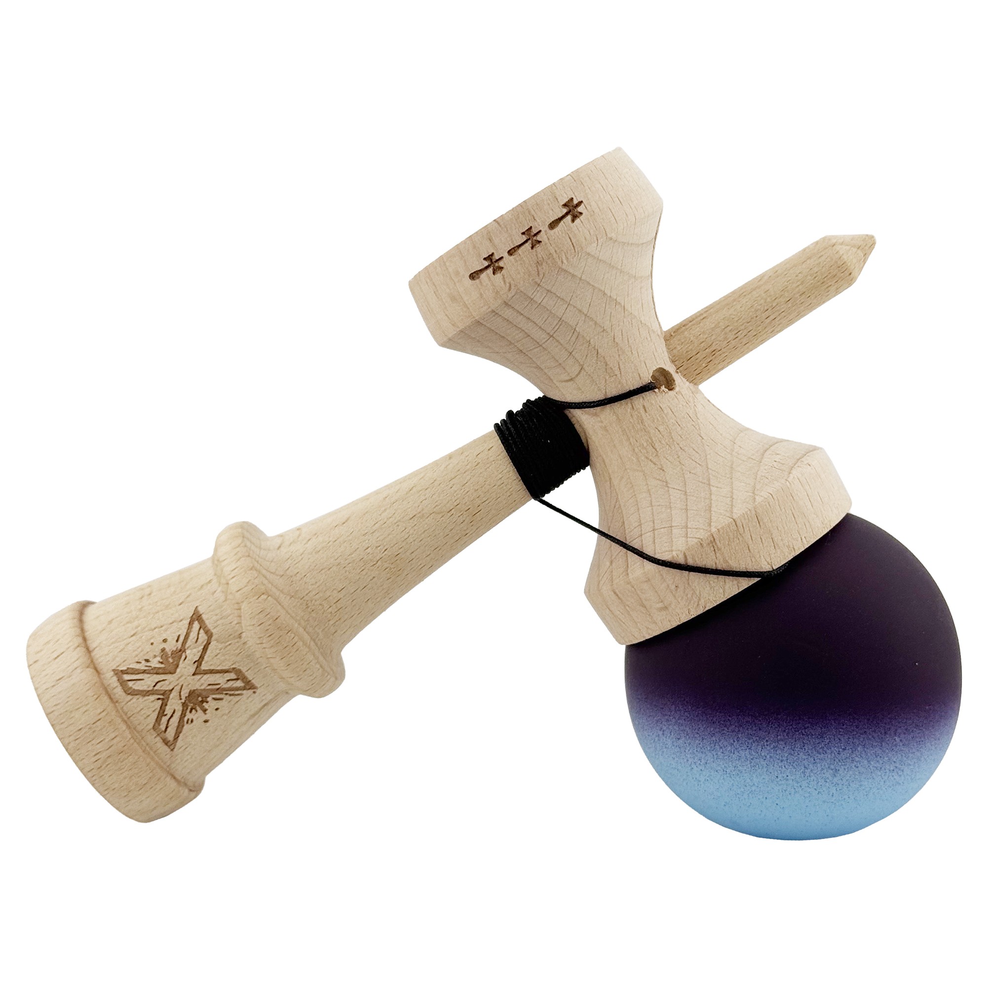 Kendama X Originala, Profesionala, Flippy, Cupe Mari KING SIZE V3, Rubber Grip, Gaura in Baza, Rulment Metalic, din lemn 18 cm, Ata 55 cm, Gradient Negru/Albastru deschis
