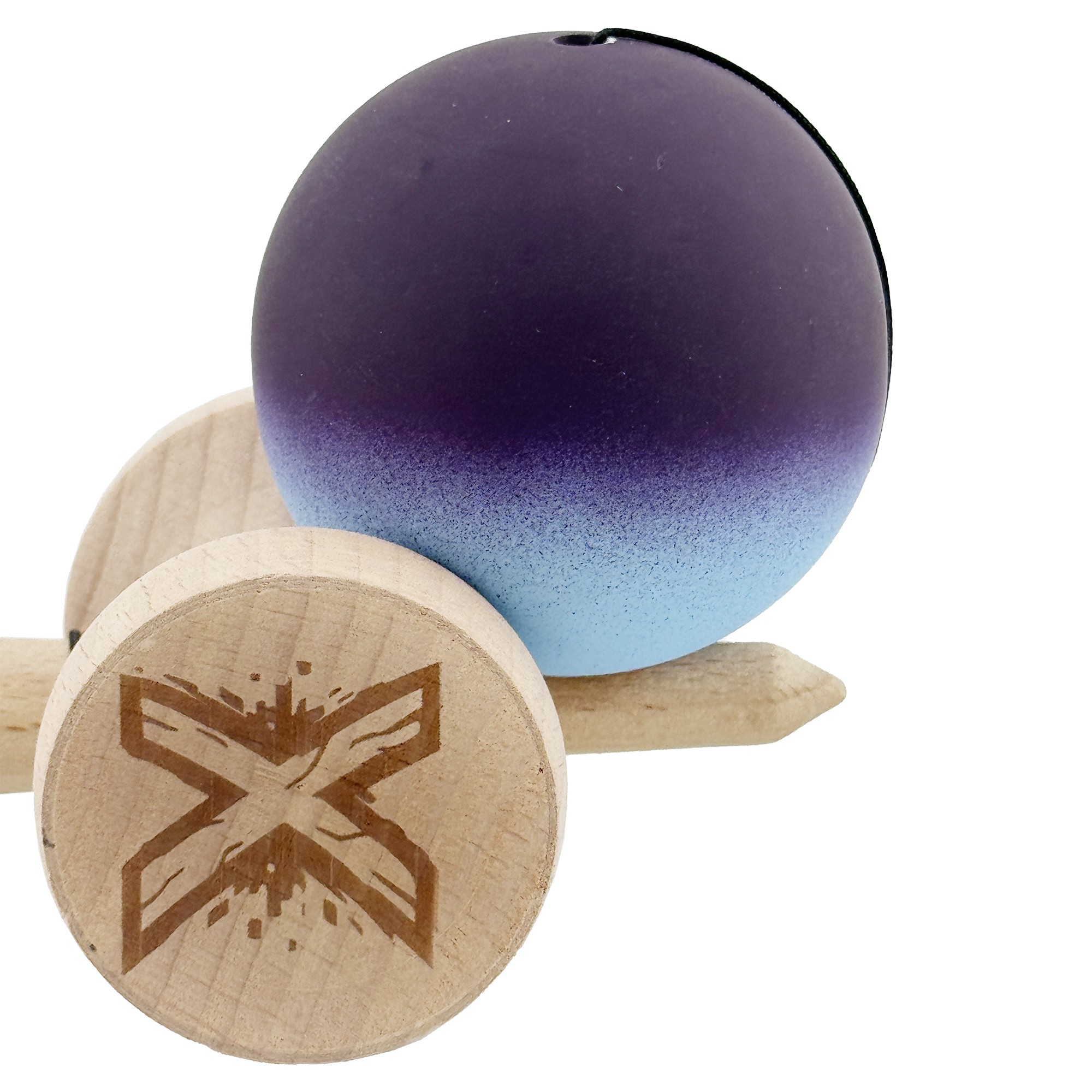 Kendama X Originala, Profesionala, Flippy, Cupe Mari KING SIZE V3, Rubber Grip, Gaura in Baza, Rulment Metalic, din lemn 18 cm, Ata 55 cm, Gradient Negru/Albastru deschis