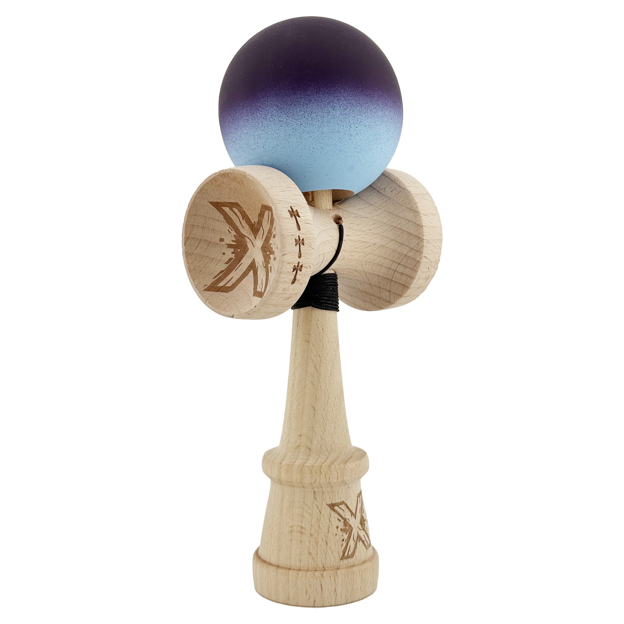 Kendama X Originala, Profesionala, Flippy, Cupe Mari KING SIZE V3, Rubber Grip, Gaura in Baza, Rulment Metalic, din lemn 18 cm, Ata 55 cm, Gradient Negru/Albastru deschis