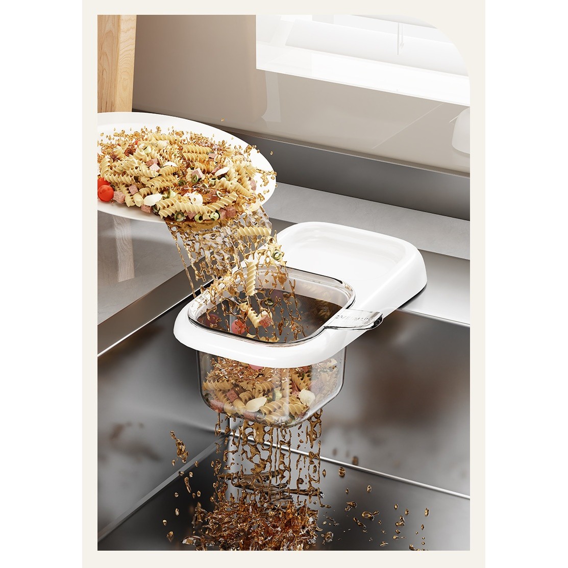 Cos de Scurgere pentru Chiuveta, Flippy, din ABS, cu Maner si Ventuza, Multifunctional, 22 x 13 x 8.5 cm, Alb