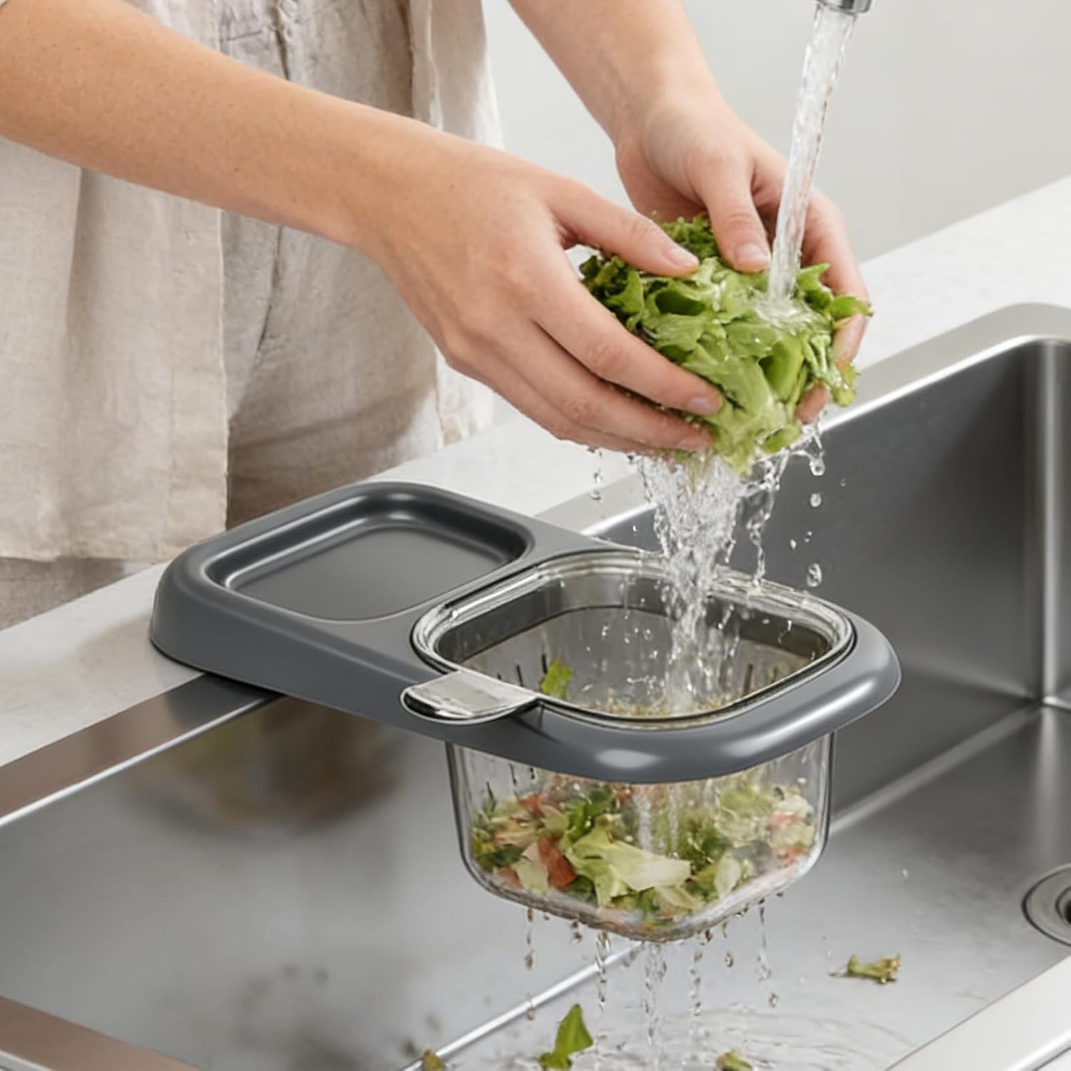 Cos de Scurgere pentru Chiuveta, Flippy, din ABS, cu Maner si Ventuza, Multifunctional, 22 x 13 x 8.5 cm, Gri