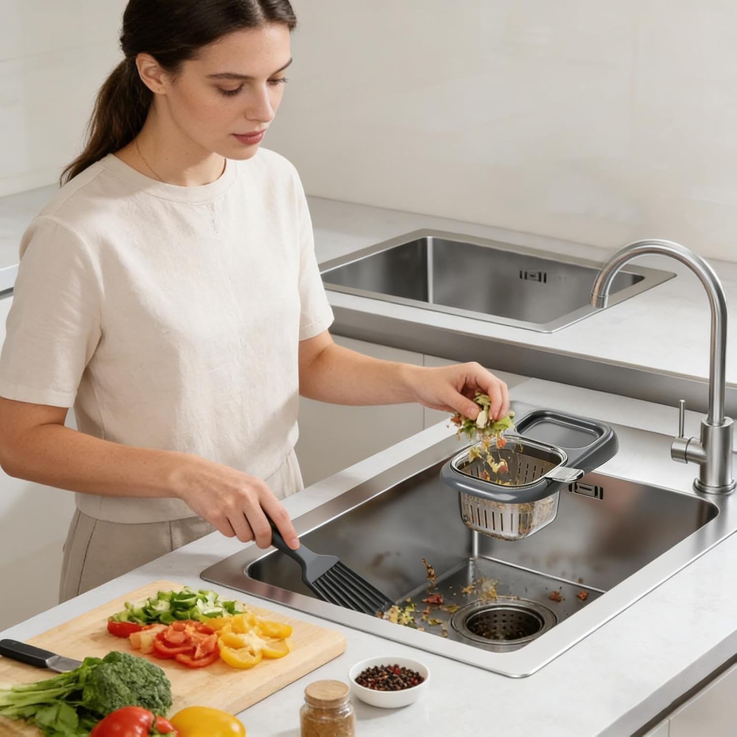 Cos de Scurgere pentru Chiuveta, Flippy, din ABS, cu Maner si Ventuza, Multifunctional, 22 x 13 x 8.5 cm, Gri