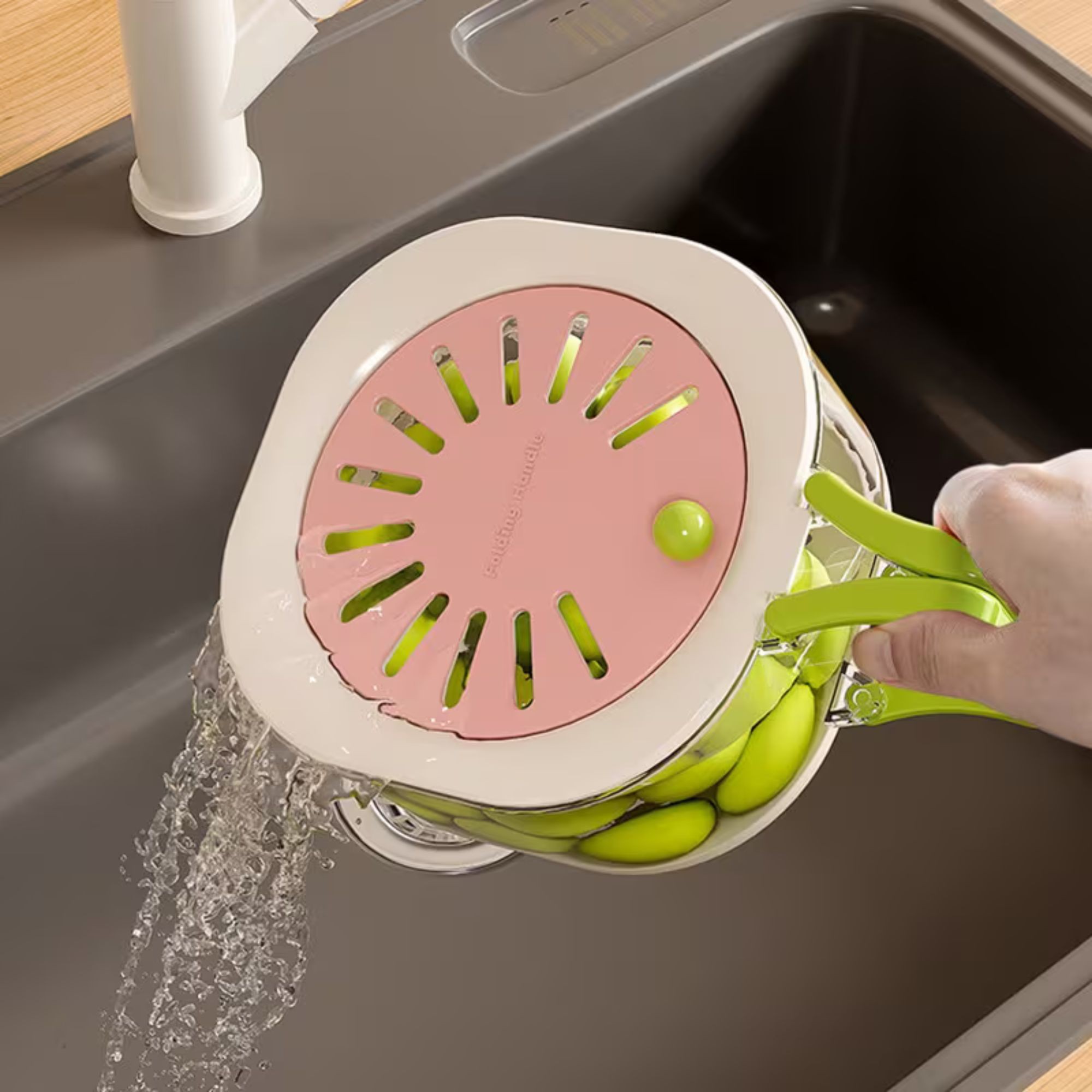 Cos de Scurgere pentru Fructe 2 in 1, Flippy, din Plastic Durabil, Filtru Telescopic, Scurgator de Fructe si Legume, pentru Uz Casnic, 15 x 15 x 8.5 cm, Roz/Bej