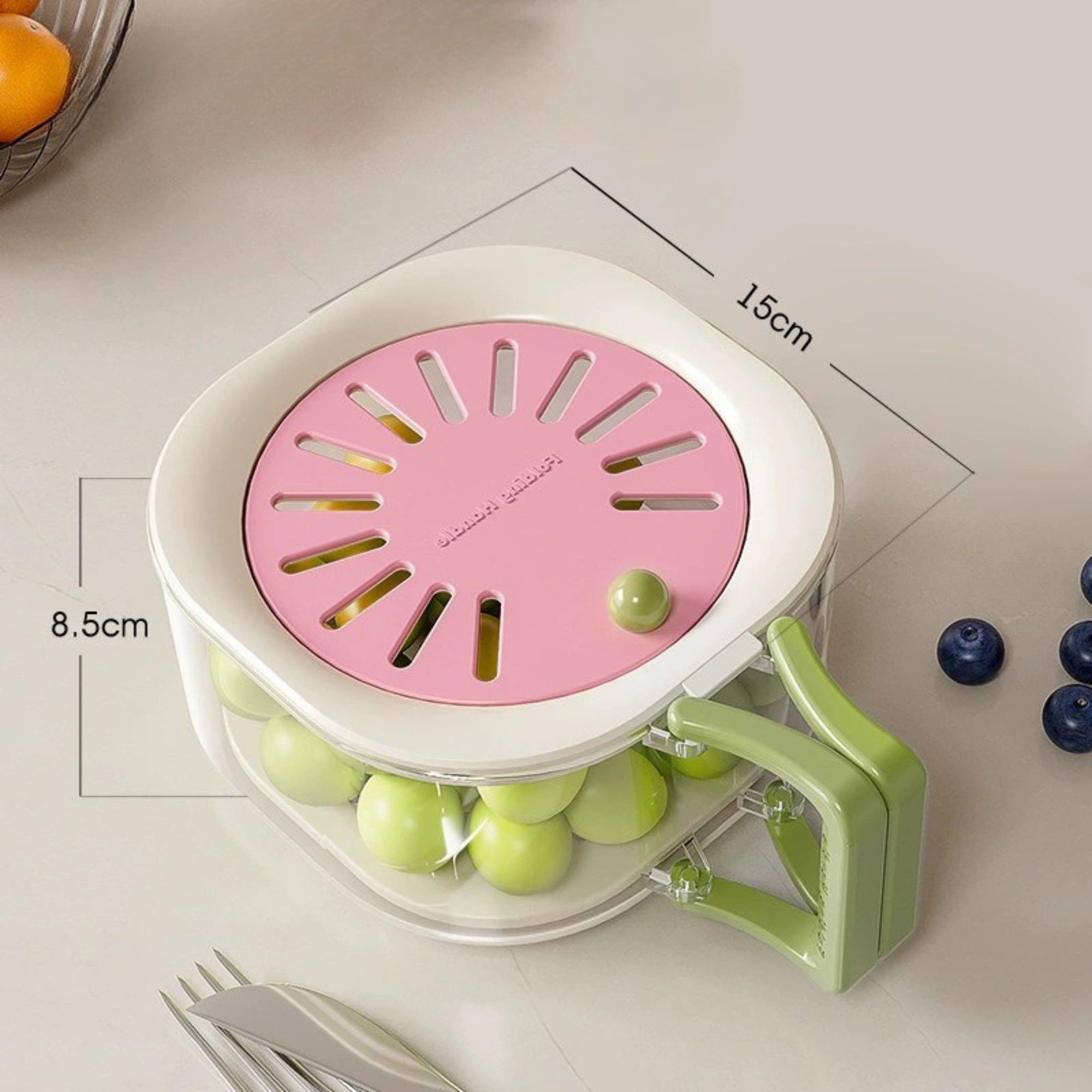 Cos de Scurgere pentru Fructe 2 in 1, Flippy, din Plastic Durabil, Filtru Telescopic, Scurgator de Fructe si Legume, pentru Uz Casnic, 15 x 15 x 8.5 cm, Roz/Bej