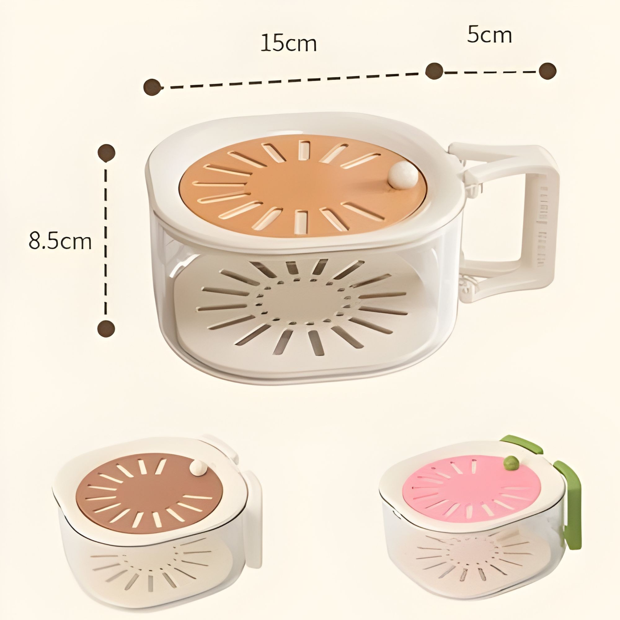 Cos de Scurgere pentru Fructe 2 in 1, Flippy, din Plastic Durabil, Filtru Telescopic, Scurgator de Fructe si Legume, pentru Uz Casnic, 15 x 15 x 8.5 cm, Maro/Bej