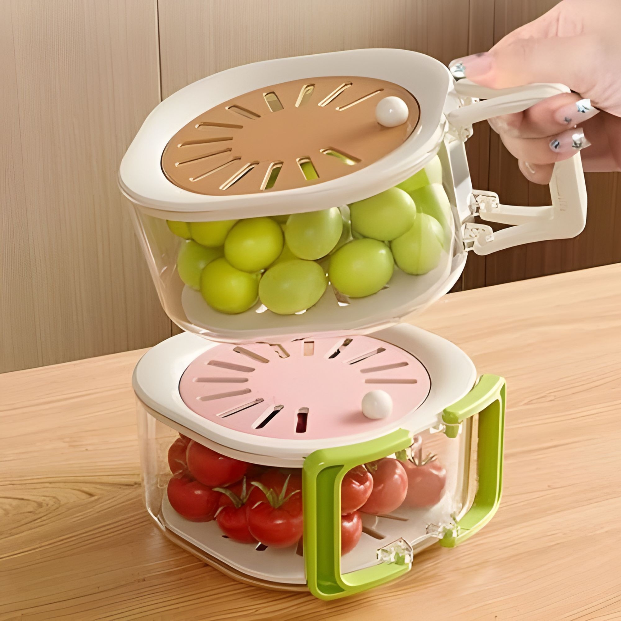 Cos de Scurgere pentru Fructe 2 in 1, Flippy, din Plastic Durabil, Filtru Telescopic, Scurgator de Fructe si Legume, pentru Uz Casnic, 15 x 15 x 8.5 cm, Maro/Bej