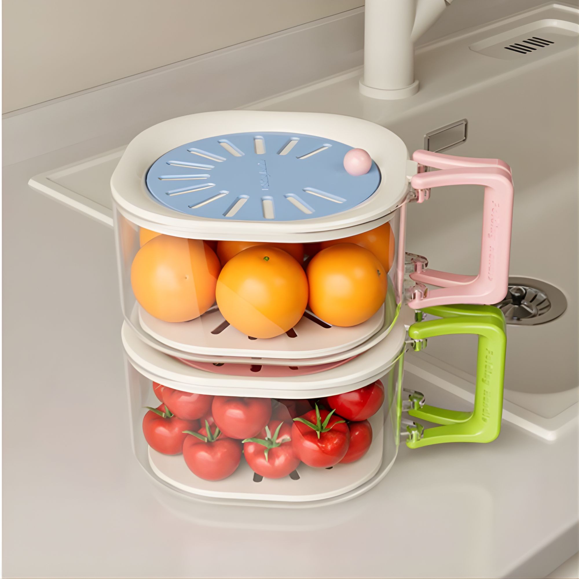 Cos de Scurgere pentru Fructe 2 in 1, Flippy, din Plastic Durabil, Filtru Telescopic, Scurgator de Fructe si Legume, pentru Uz Casnic, 15 x 15 x 8.5 cm, Albastru/Bej