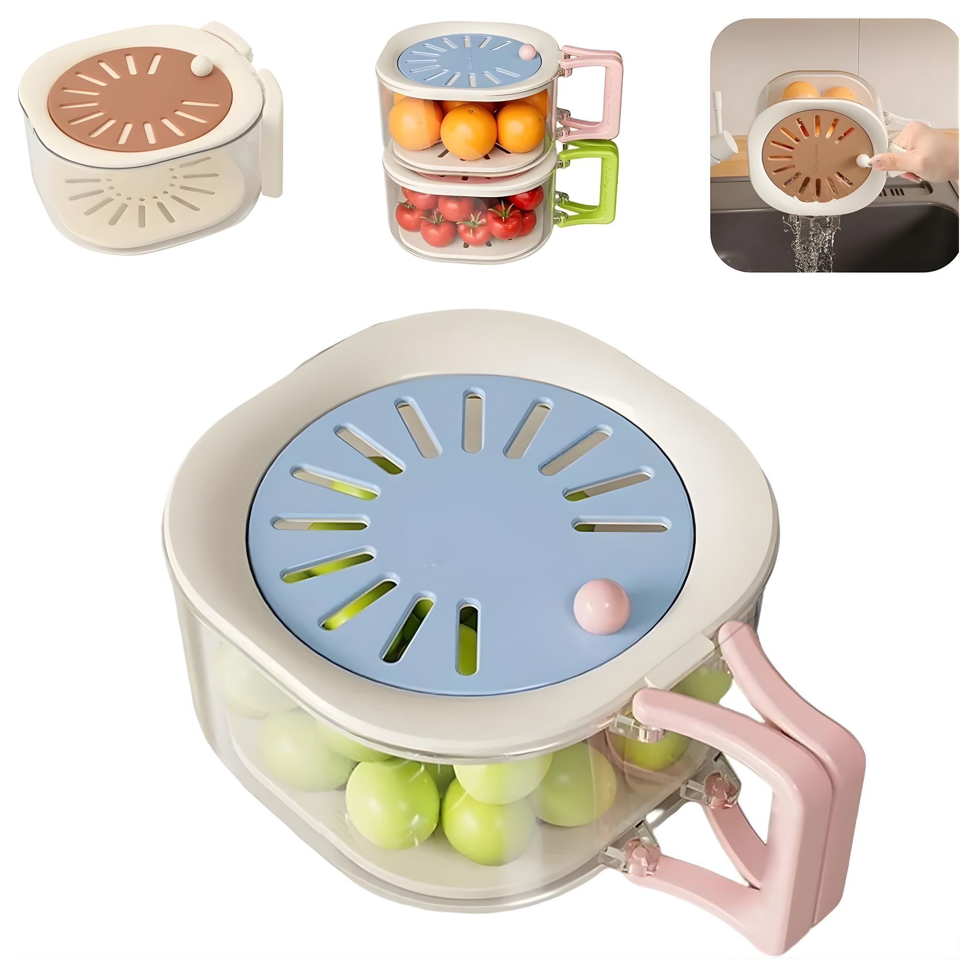 Cos de Scurgere pentru Fructe 2 in 1, Flippy, din Plastic Durabil, Filtru Telescopic, Scurgator de Fructe si Legume, pentru Uz Casnic, 15 x 15 x 8.5 cm, Albastru/Bej