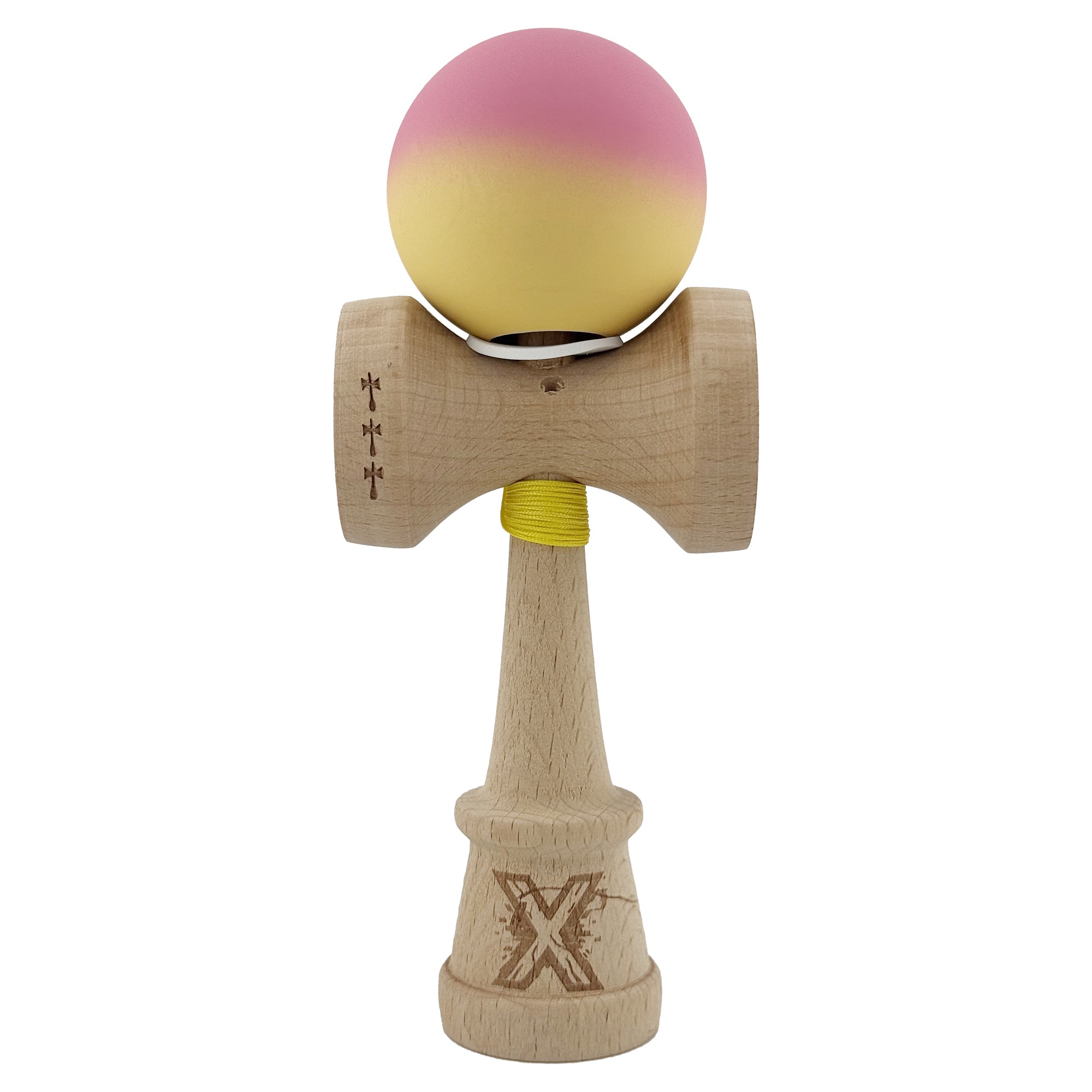 Kendama X Originala, Profesionala, Flippy, Rubber Grip, Cupe Mari KING SIZE V3, Gaura in Baza, Rulment Metalic, din lemn 18 cm, Ata 62/65 cm, Gradient Roz/Galben