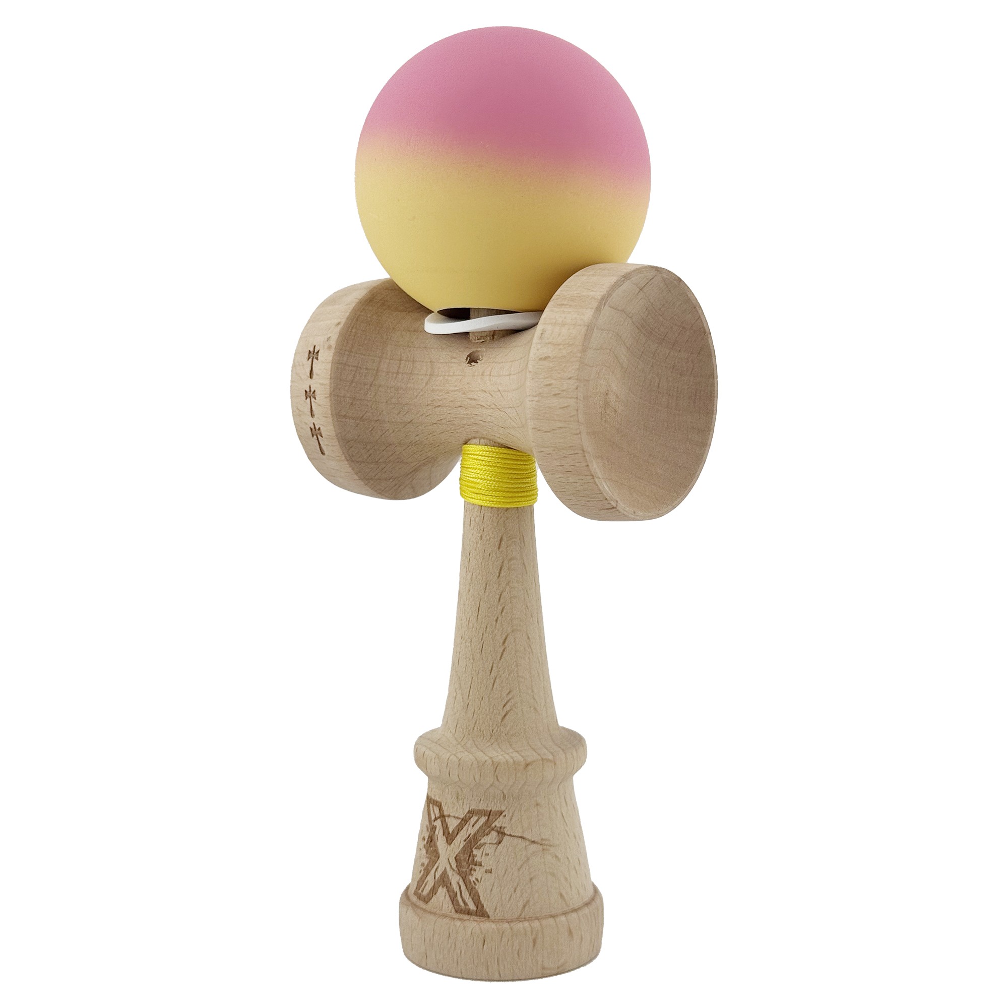 Kendama X Originala, Profesionala, Flippy, Rubber Grip, Cupe Mari KING SIZE V3, Gaura in Baza, Rulment Metalic, din lemn 18 cm, Ata 62/65 cm, Gradient Roz/Galben