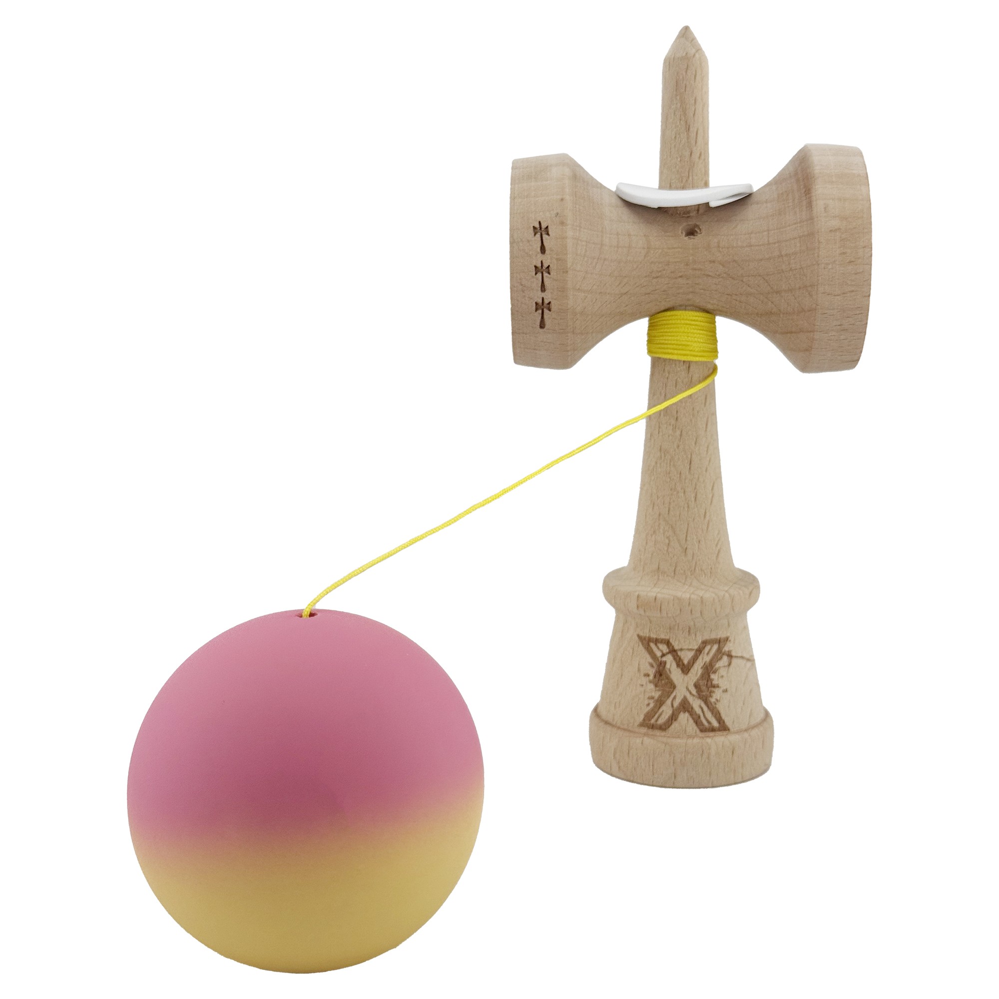 Kendama X Originala, Profesionala, Flippy, Rubber Grip, Cupe Mari KING SIZE V3, Gaura in Baza, Rulment Metalic, din lemn 18 cm, Ata 62/65 cm, Gradient Roz/Galben
