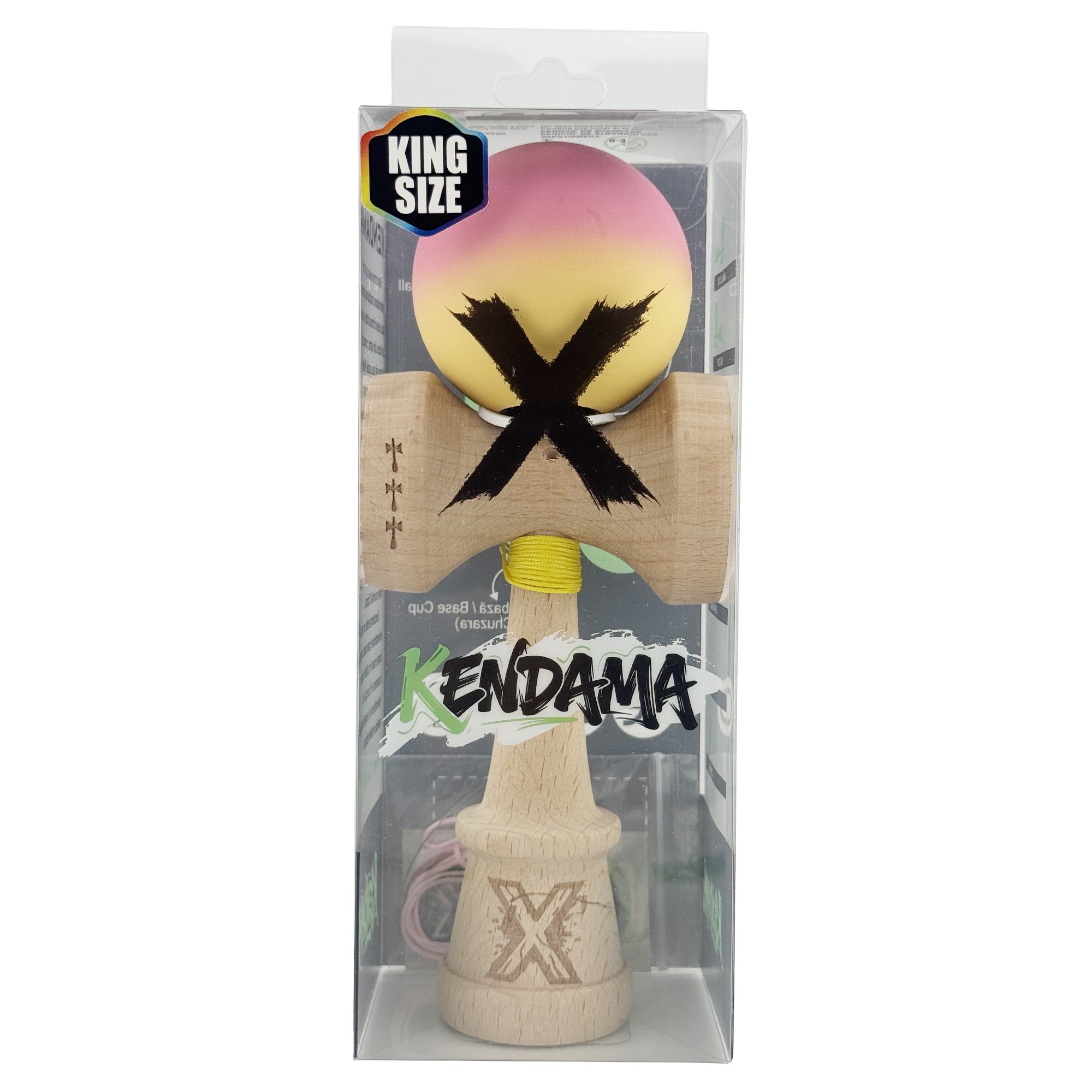 Kendama X Originala, Profesionala, Flippy, Rubber Grip, Cupe Mari KING SIZE V3, Gaura in Baza, Rulment Metalic, din lemn 18 cm, Ata 62/65 cm, Gradient Roz/Galben