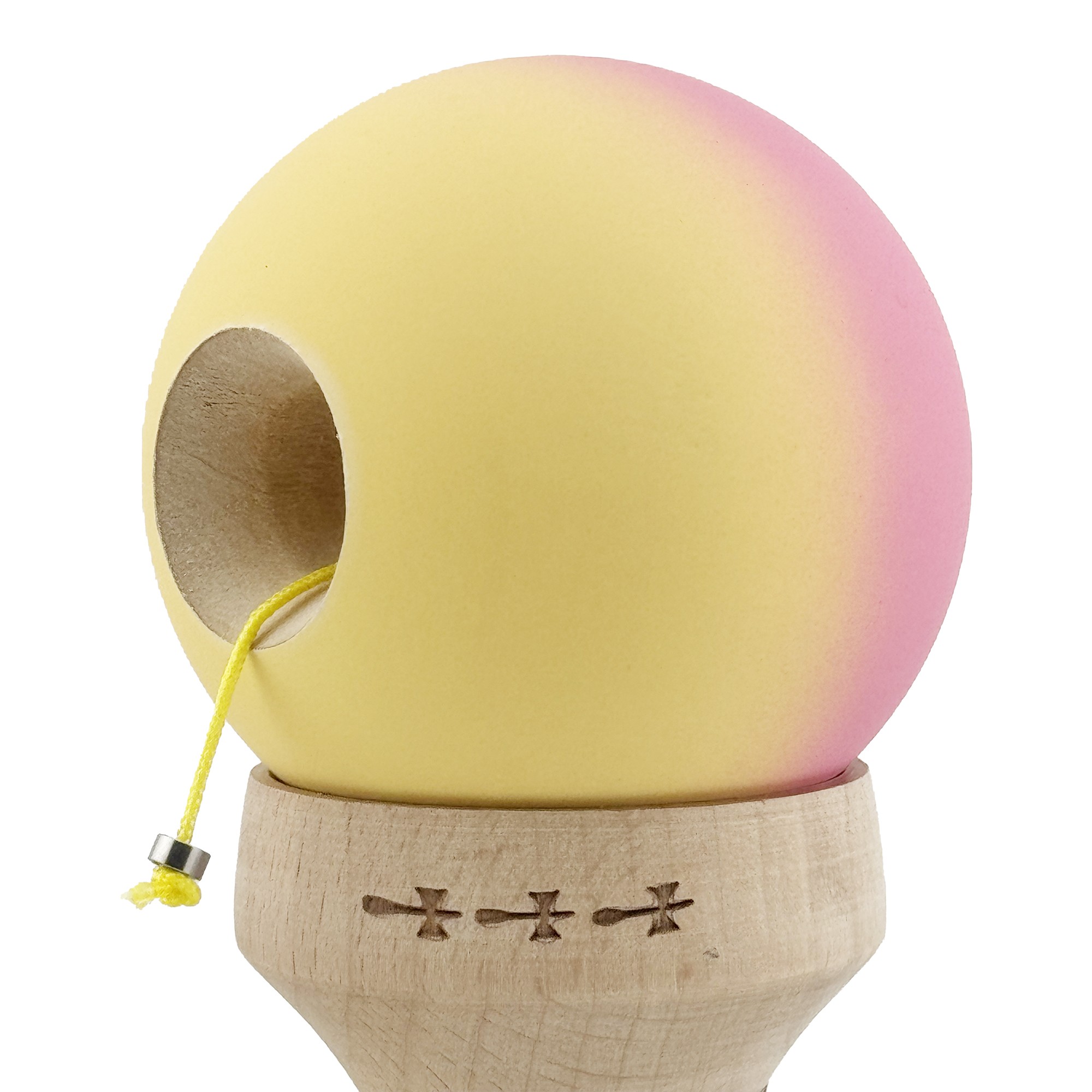 Kendama X Originala, Profesionala, Flippy, Rubber Grip, Cupe Mari KING SIZE V3, Gaura in Baza, Rulment Metalic, din lemn 18 cm, Ata 62/65 cm, Gradient Roz/Galben