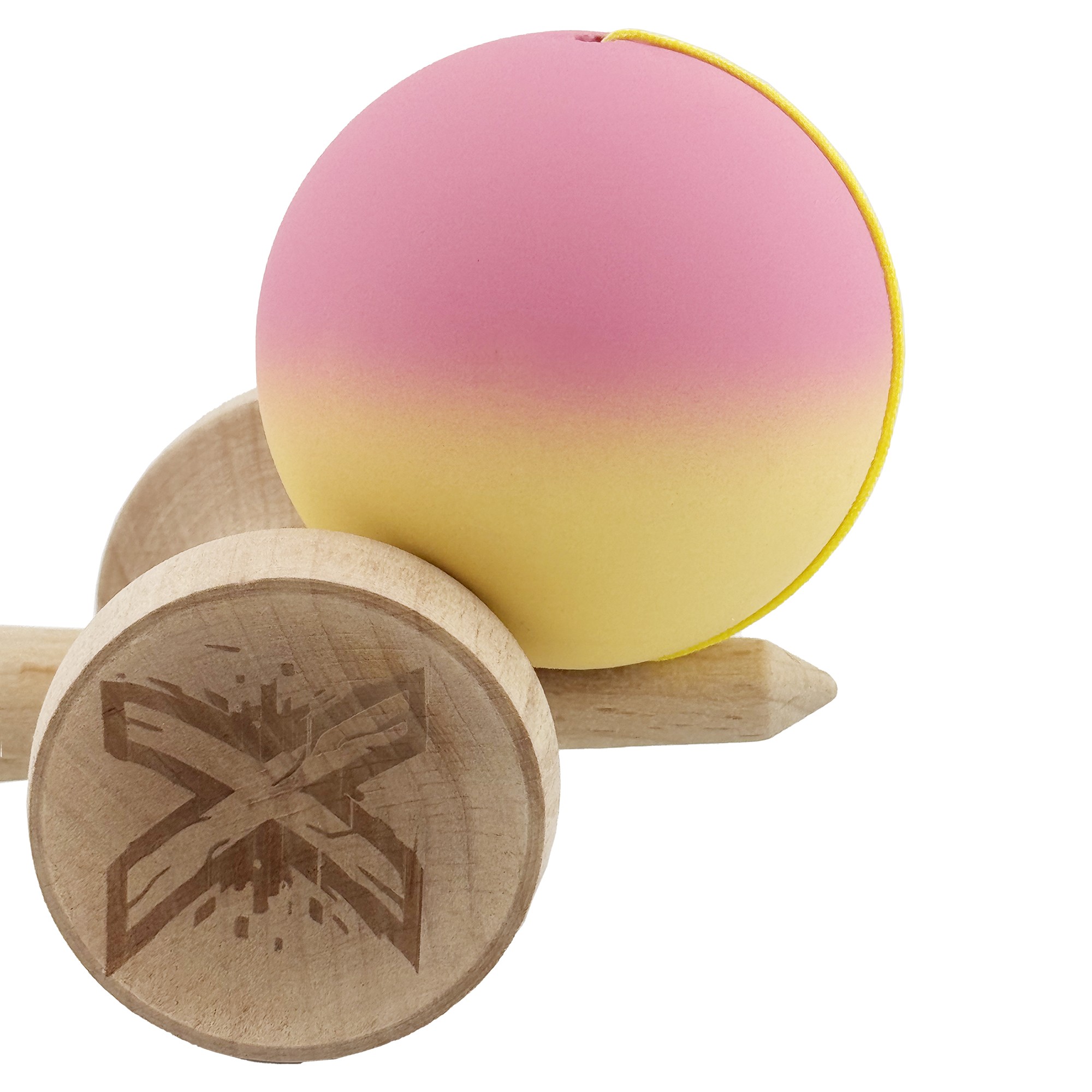 Kendama X Originala, Profesionala, Flippy, Rubber Grip, Cupe Mari KING SIZE V3, Gaura in Baza, Rulment Metalic, din lemn 18 cm, Ata 62/65 cm, Gradient Roz/Galben