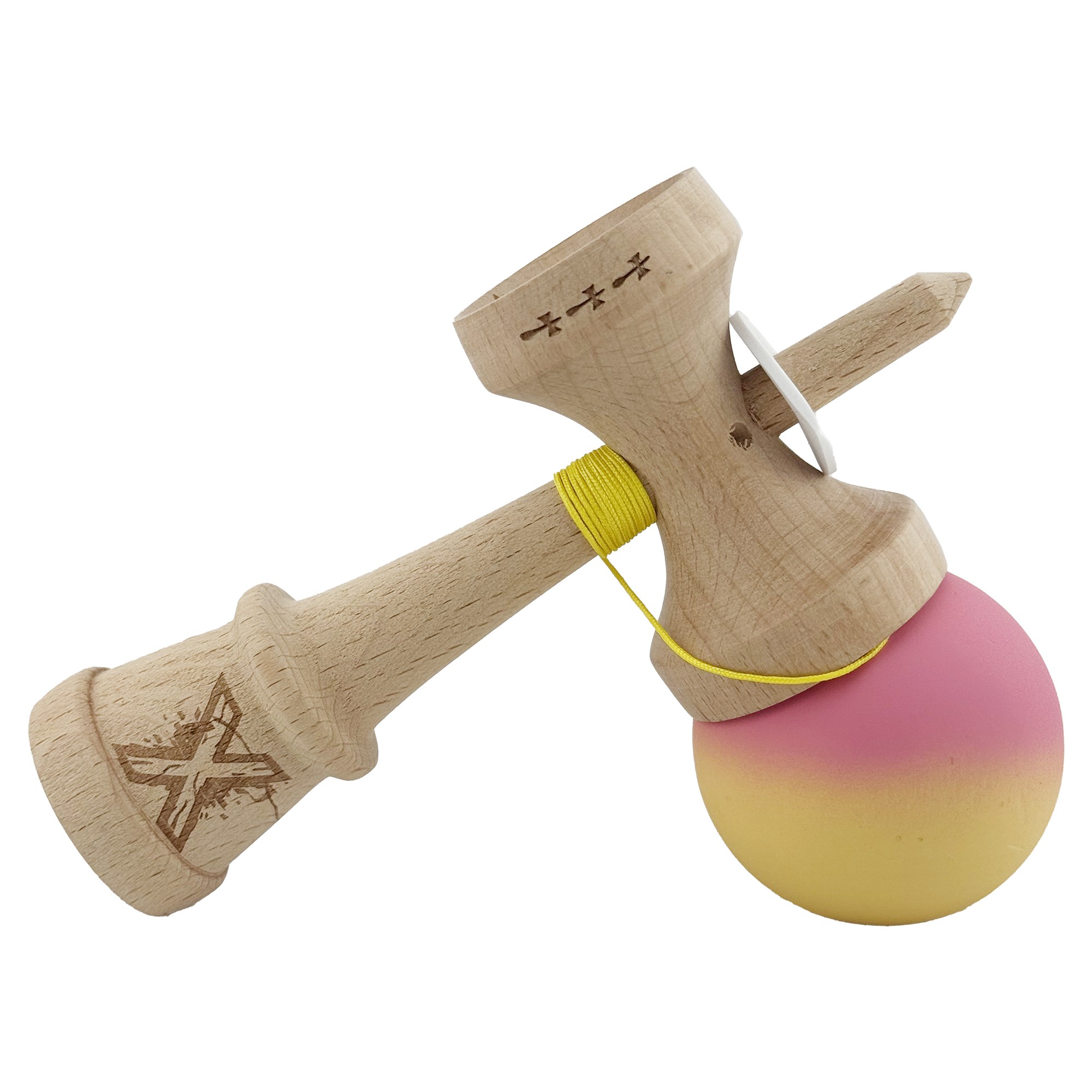 Kendama X Originala, Profesionala, Flippy, Rubber Grip, Cupe Mari KING SIZE V3, Gaura in Baza, Rulment Metalic, din lemn 18 cm, Ata 62/65 cm, Gradient Roz/Galben