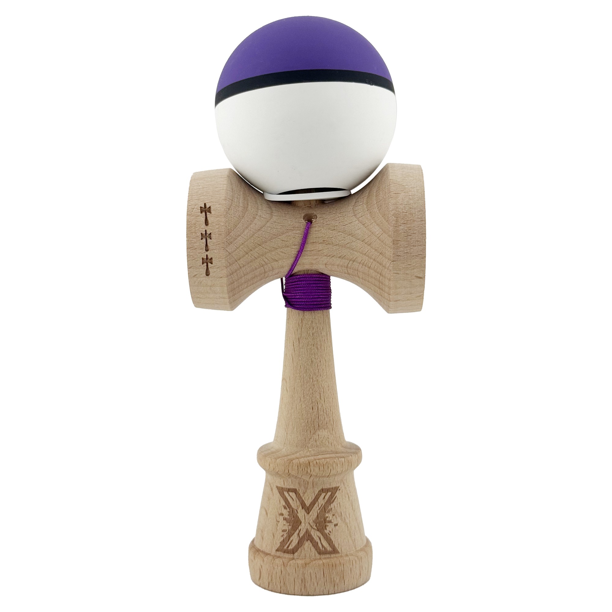 Kendama X Originala, Profesionala, Flippy, Cupe Mari KING SIZE V3, Rubber Grip, Gaura in Baza, Rulment Metalic, din lemn 18 cm, Ata 62/65 cm, S Bicolor Mov/Alb