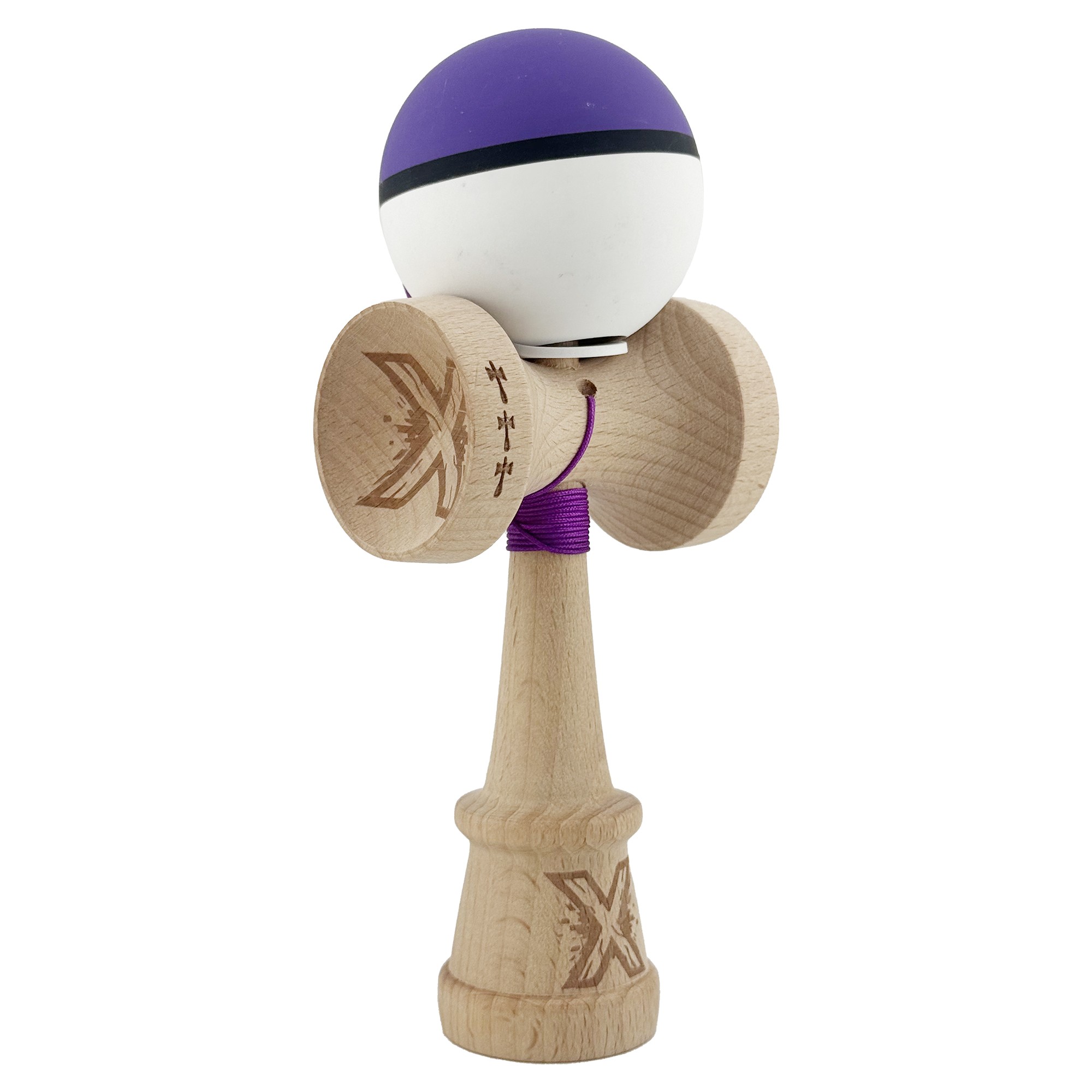Kendama X Originala, Profesionala, Flippy, Cupe Mari KING SIZE V3, Rubber Grip, Gaura in Baza, Rulment Metalic, din lemn 18 cm, Ata 62/65 cm, S Bicolor Mov/Alb