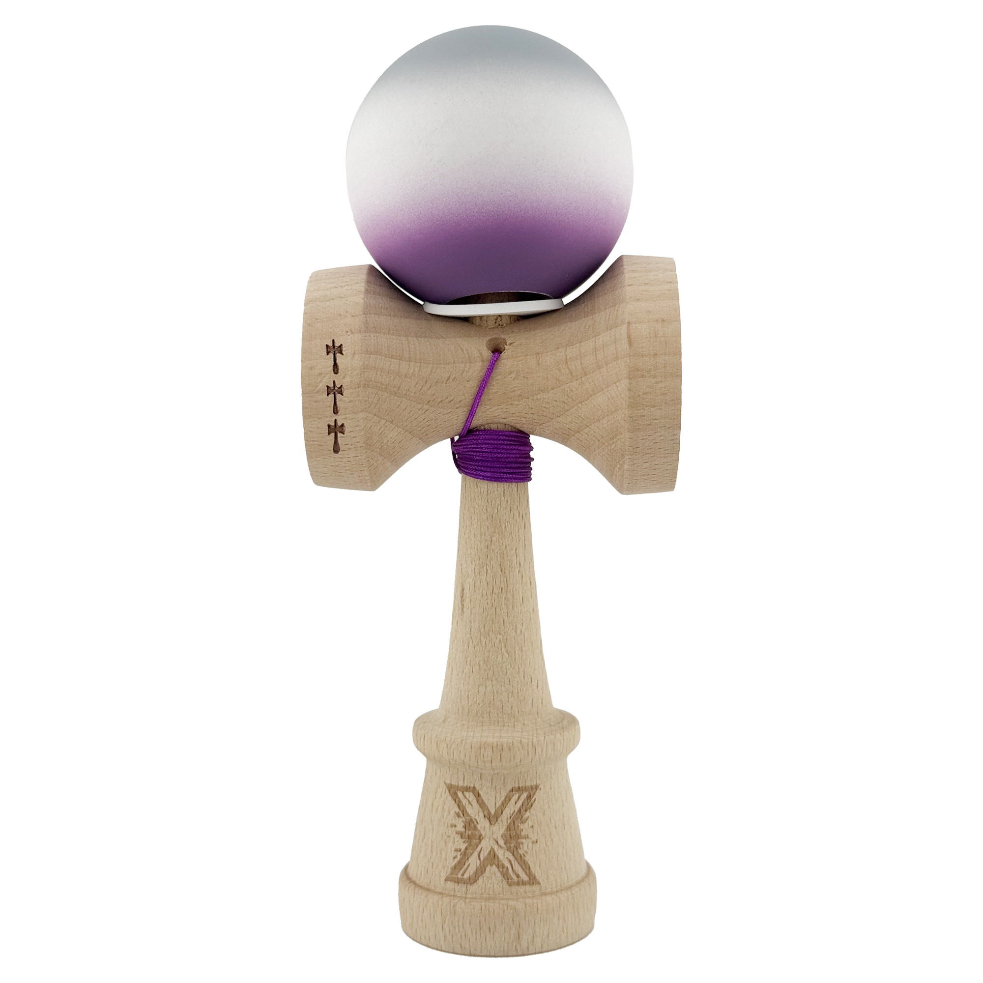 Kendama X Originala, Profesionala, Flippy, Rubber Grip, Cupe Mari KING SIZE V3, Gaura in Baza, Rulment Metalic, din lemn 18 cm, Ata 62/65 cm, Gradient Gri/Alb/Mov