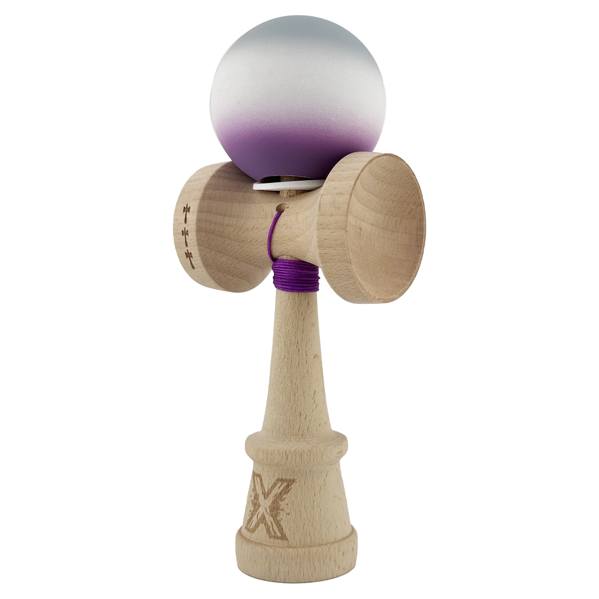 Kendama X Originala, Profesionala, Flippy, Rubber Grip, Cupe Mari KING SIZE V3, Gaura in Baza, Rulment Metalic, din lemn 18 cm, Ata 62/65 cm, Gradient Gri/Alb/Mov