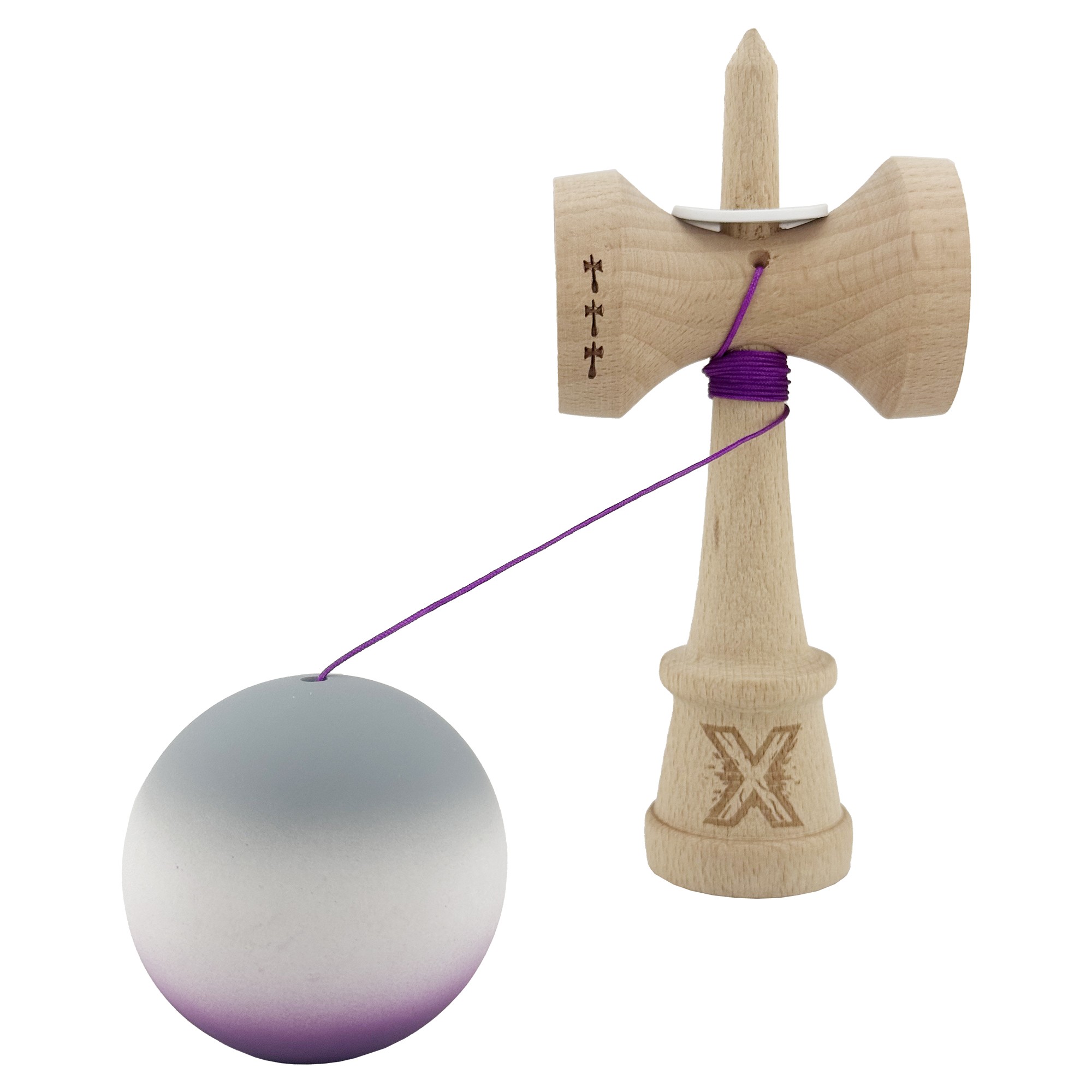 Kendama X Originala, Profesionala, Flippy, Rubber Grip, Cupe Mari KING SIZE V3, Gaura in Baza, Rulment Metalic, din lemn 18 cm, Ata 62/65 cm, Gradient Gri/Alb/Mov